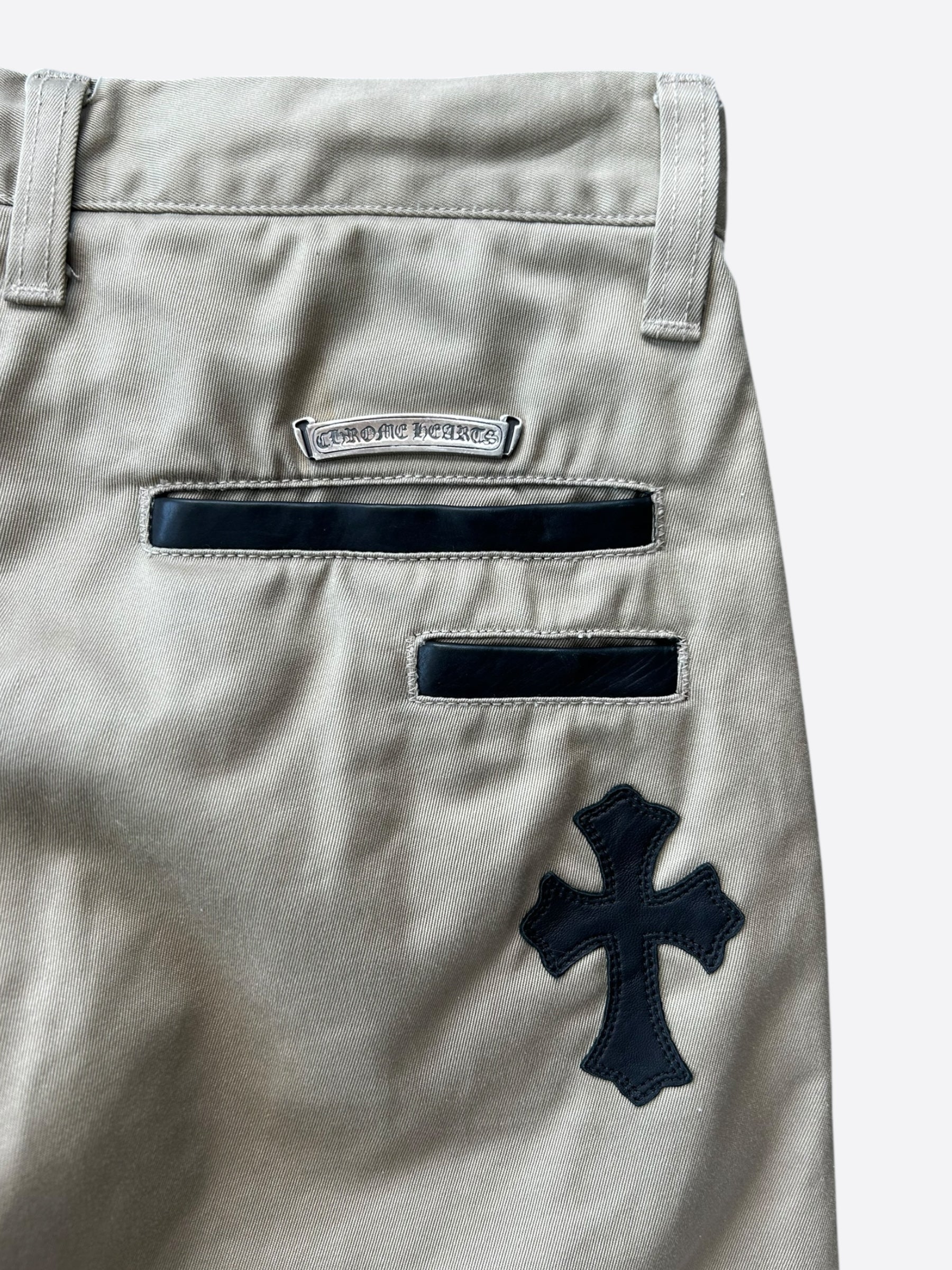 Chrome Hearts Beige Black Cross Patch Chinos Pants - Stylish Gothic Streetwear for Men | Perfect for Casual Outfits, Concerts, and Night Out