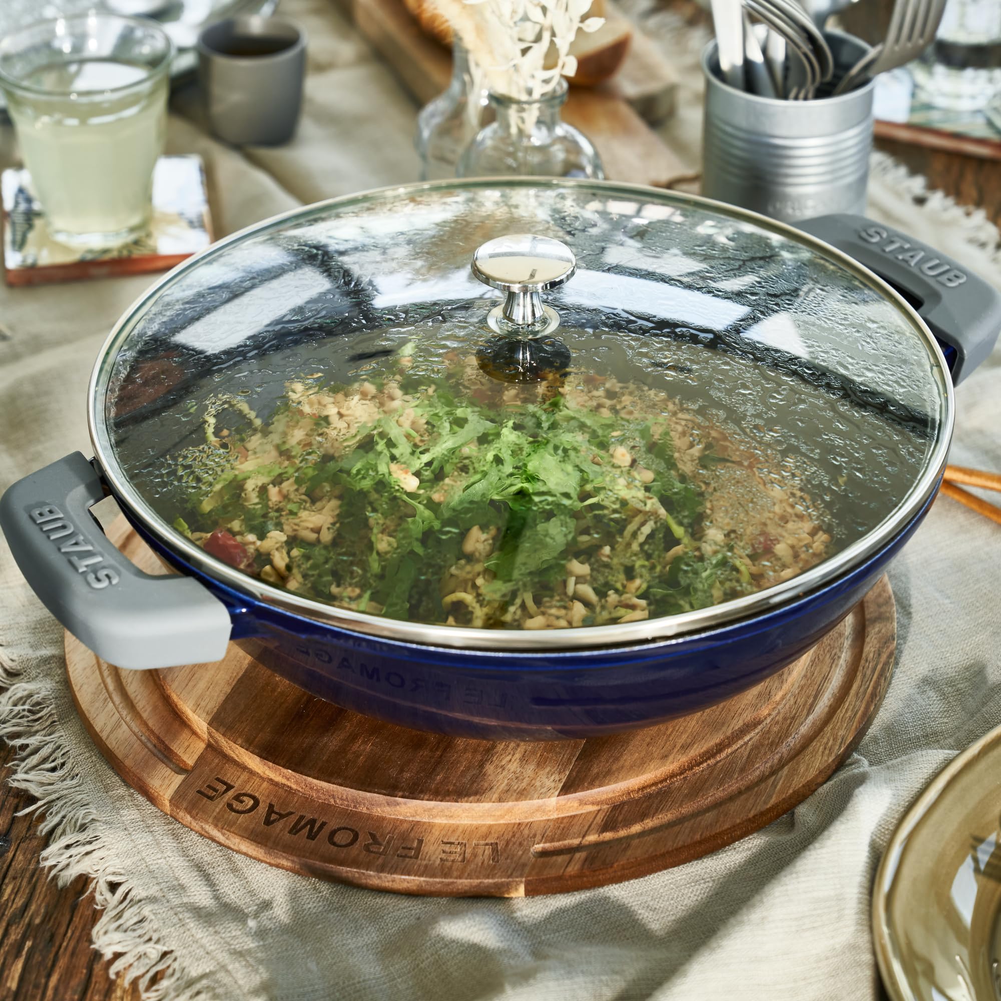Premium Staub Cast Iron 4.5-Quart Dutch Oven & Wok Pan Set - French-Made Enameled Cookware for 4-5 People - Dark Blue Ceramic Coating - Perfect for Braising, Stewing & Family Cooking