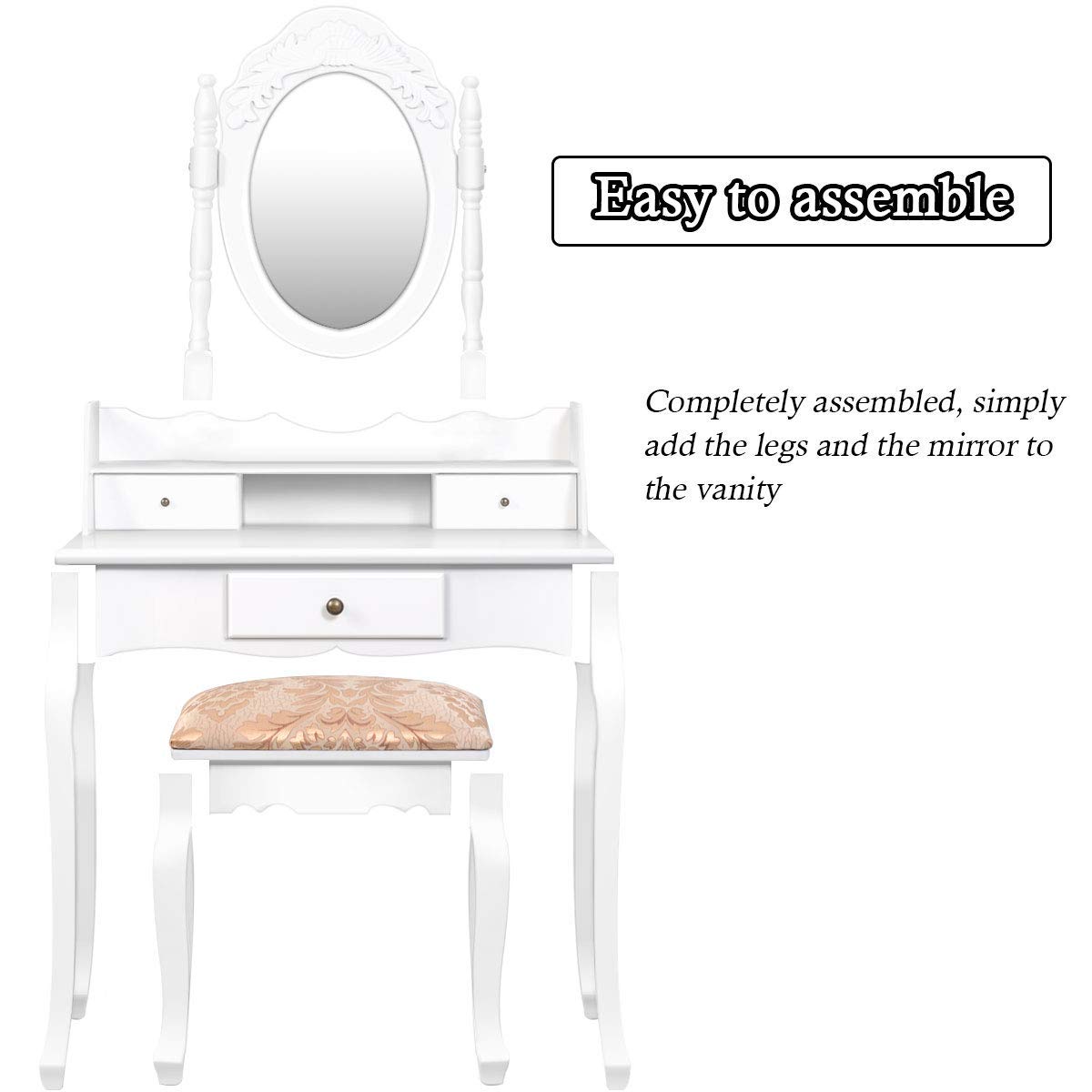 Vanity Table Set with Oval Mirror & 3 Drawers - White Wooden Makeup Dressing Desk with Removable Top | Perfect for Bedroom, Dorm Room & Beauty Salon Organization