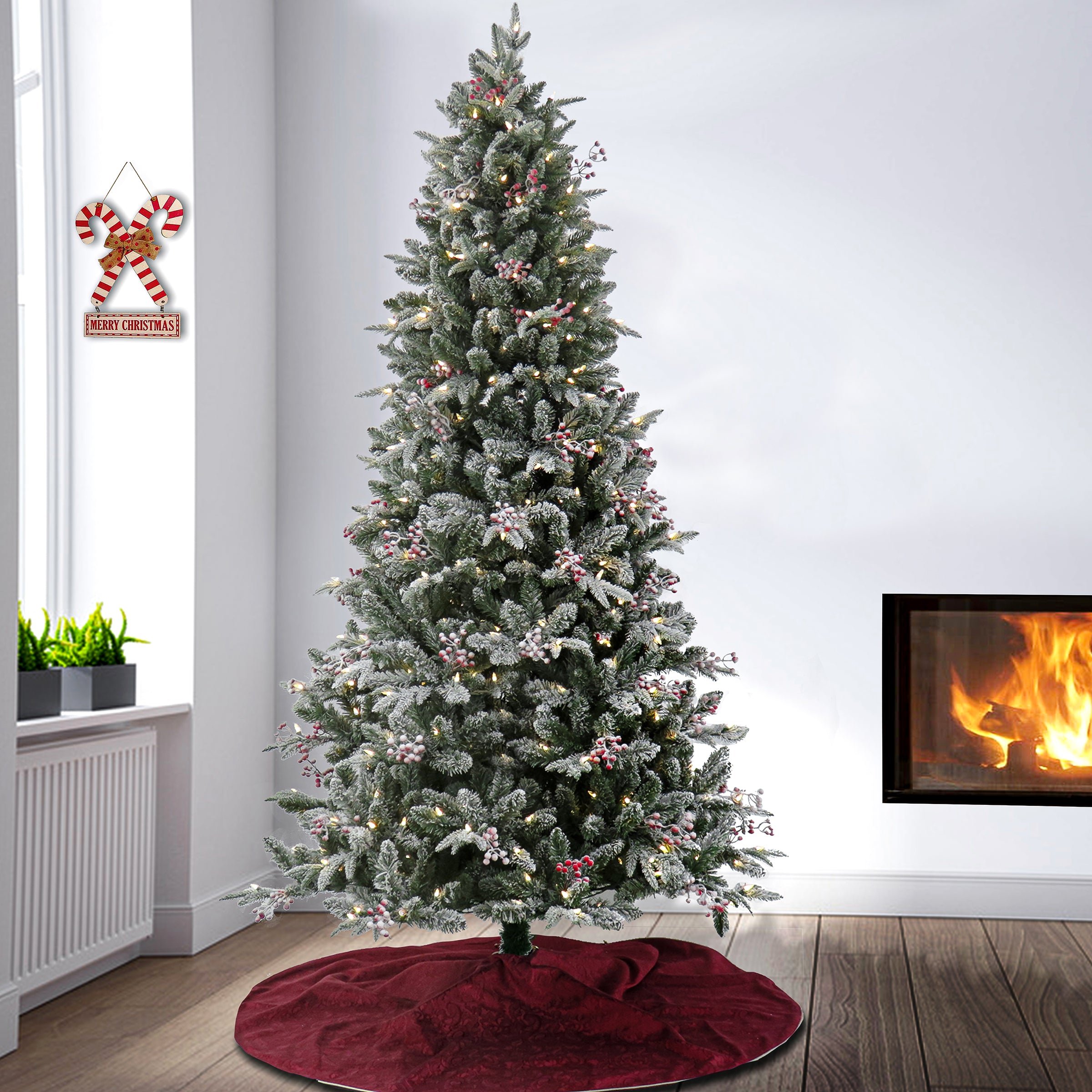 7.5 ft Pre-Lit Snowy Poechmann Fir Artificial Christmas Tree with Warm White LED Lights - Perfect for Living Room, Office & Holiday Decor