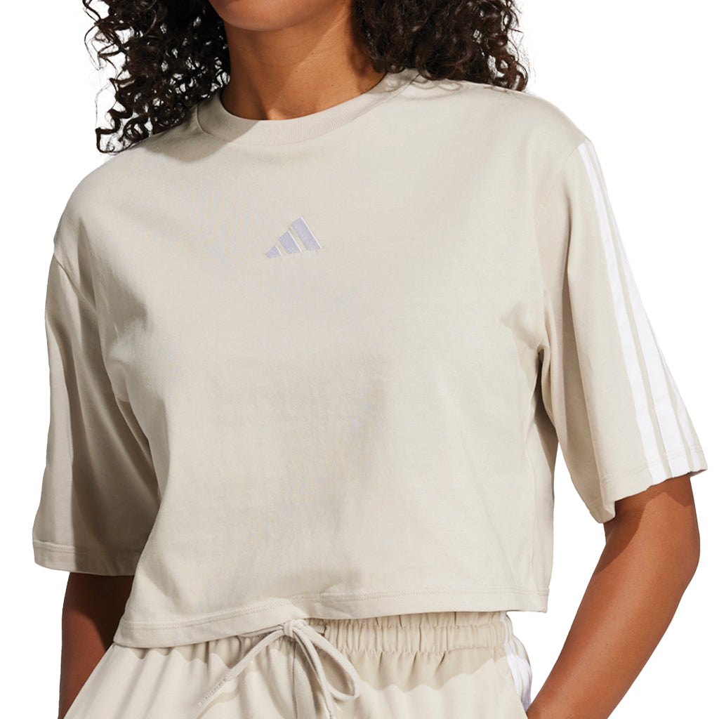 Adidas Women's 3 Stripe T-Shirt - Classic Cotton Crewneck Casual Top for Gym, Running & Everyday Wear