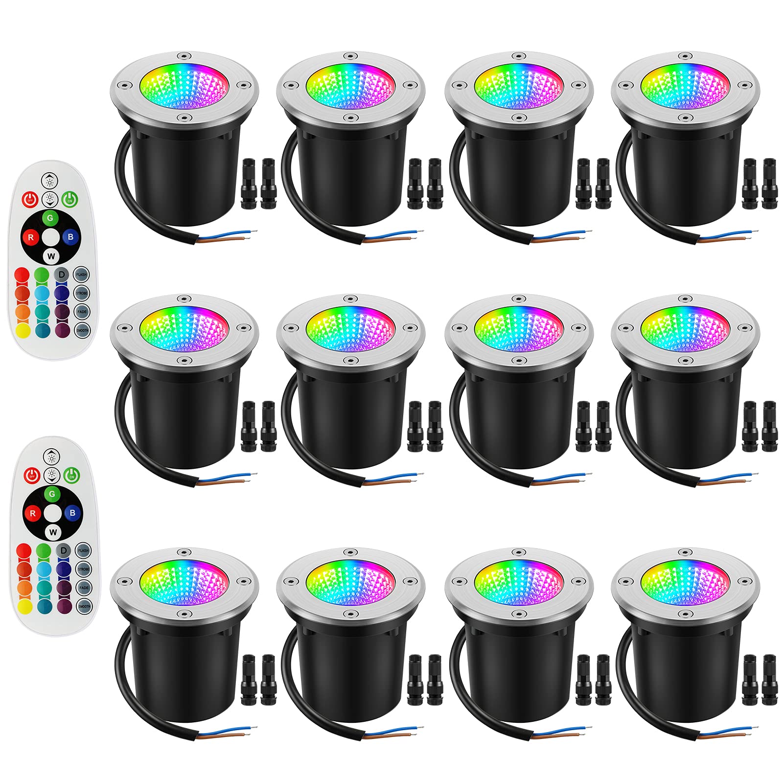 Unipure RGBW 10W Low Voltage LED Landscape Lights - 12V-24V IP67 Waterproof Outdoor In-Ground Well Lighting for Pathway, Garden, Deck & Driveway (12 Pack with Wire Connectors) - Perfect for Landscape Accent, Patio Decor and Nighttime Safety Lighting