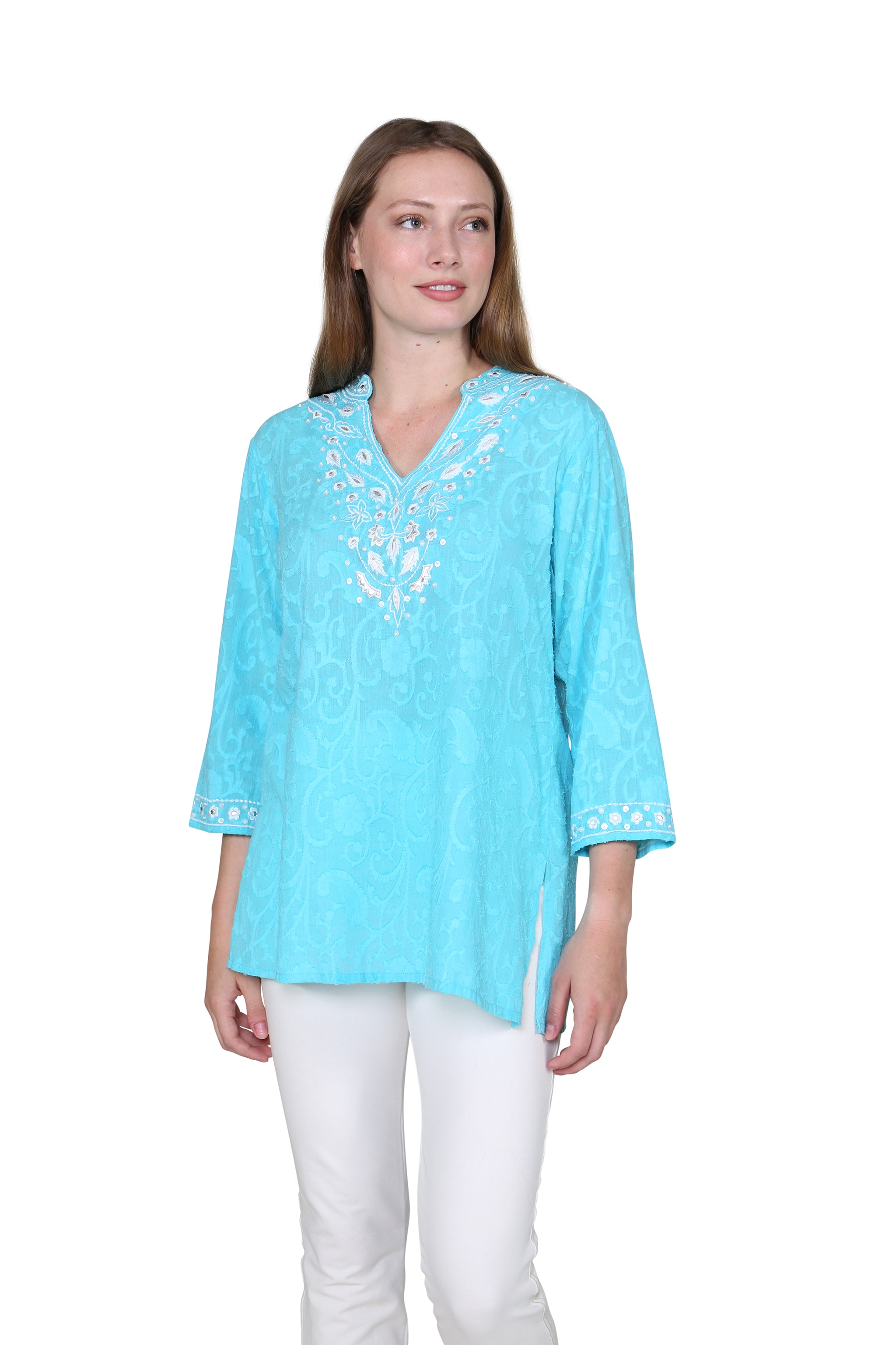 Embroidered Beaded Jacquard Cotton Tunic for Women | Elegant Boho Chic Blouse | Perfect for Casual Wear, Beach Cover-Up & Summer Outfits