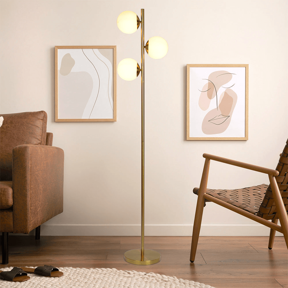 Brilliance Modern Gold Brush Floor Lamp with Opal Glass Shades & Round Metal Base - Elegant Lighting for Living Room, Bedroom, or Office Decor