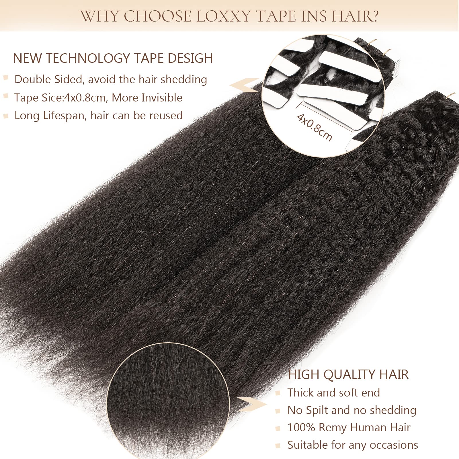 Loxxy 16Inch 40pcs 100g Black Tape-in Hair Extensions - Human Hair Kinky Straight Textured Seamless Remy Tape-in Extensions for Black Women | Double Sided Full Head Weft | Perfect for Protective Styling, Volume Boosting & Everyday Wear
