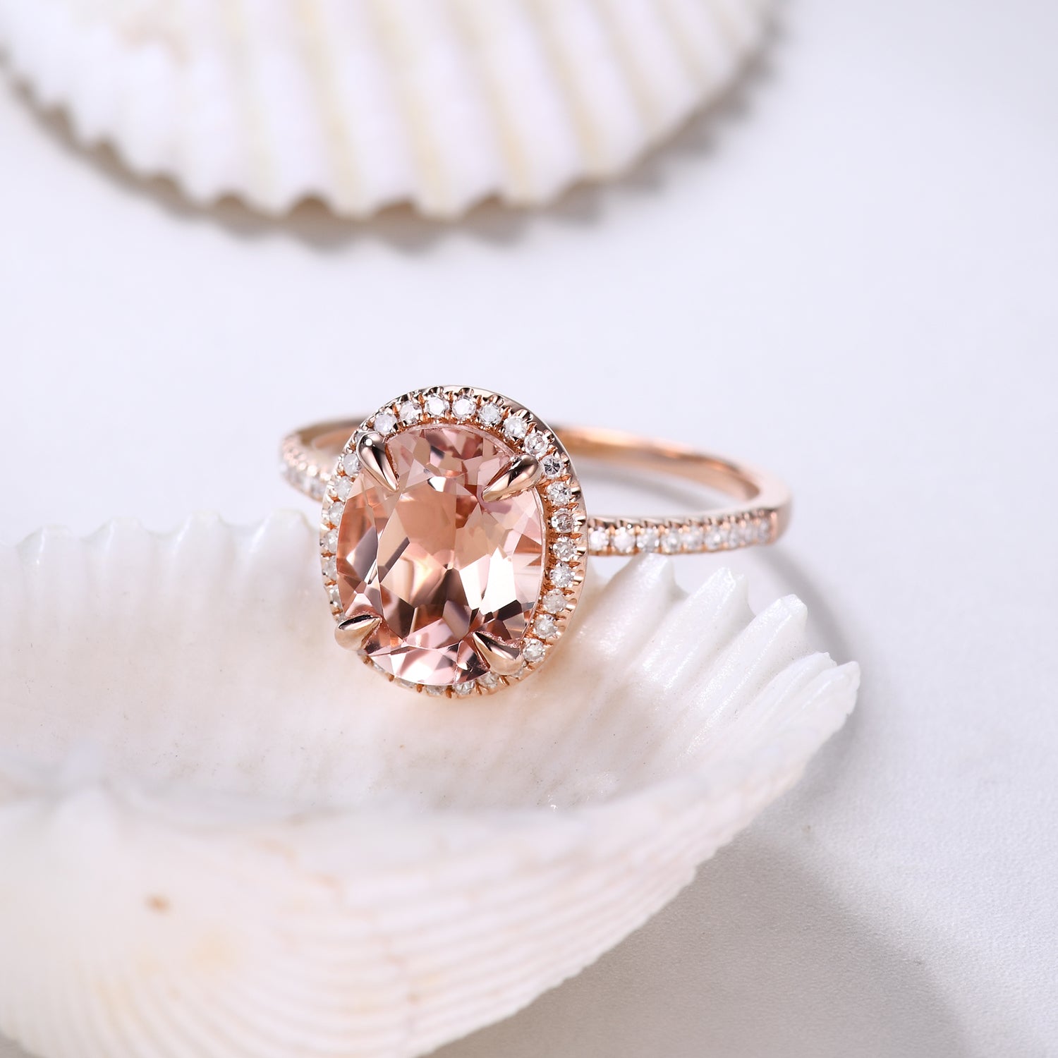 7x9mm Oval Cut Halo Morganite & Diamond Engagement Ring - Petite Thin Band for Women - Perfect for Proposals, Weddings & Anniversary Gifts