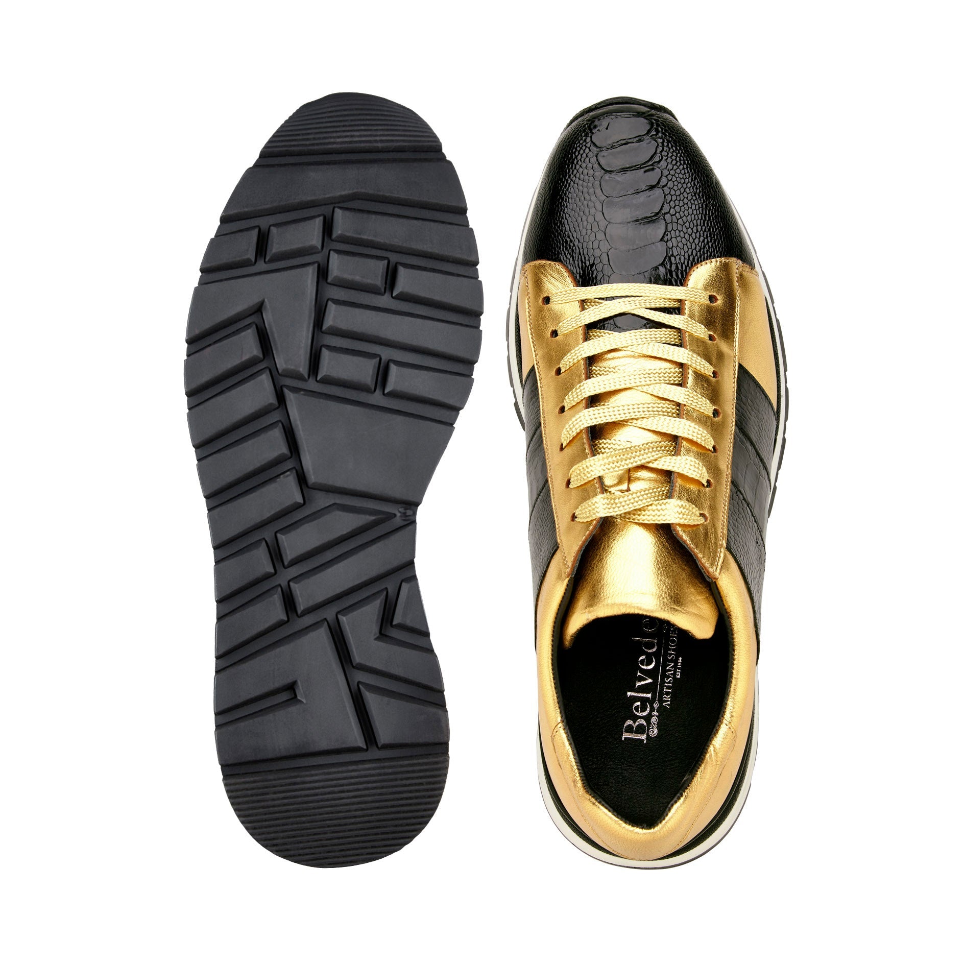 Belvedere Blake Genuine Ostrich & Italian Calf Leather Sneakers - Black/Gold 33629 | Luxury Casual Shoes for Men | Perfect for Office, Date Night & Special Occasions