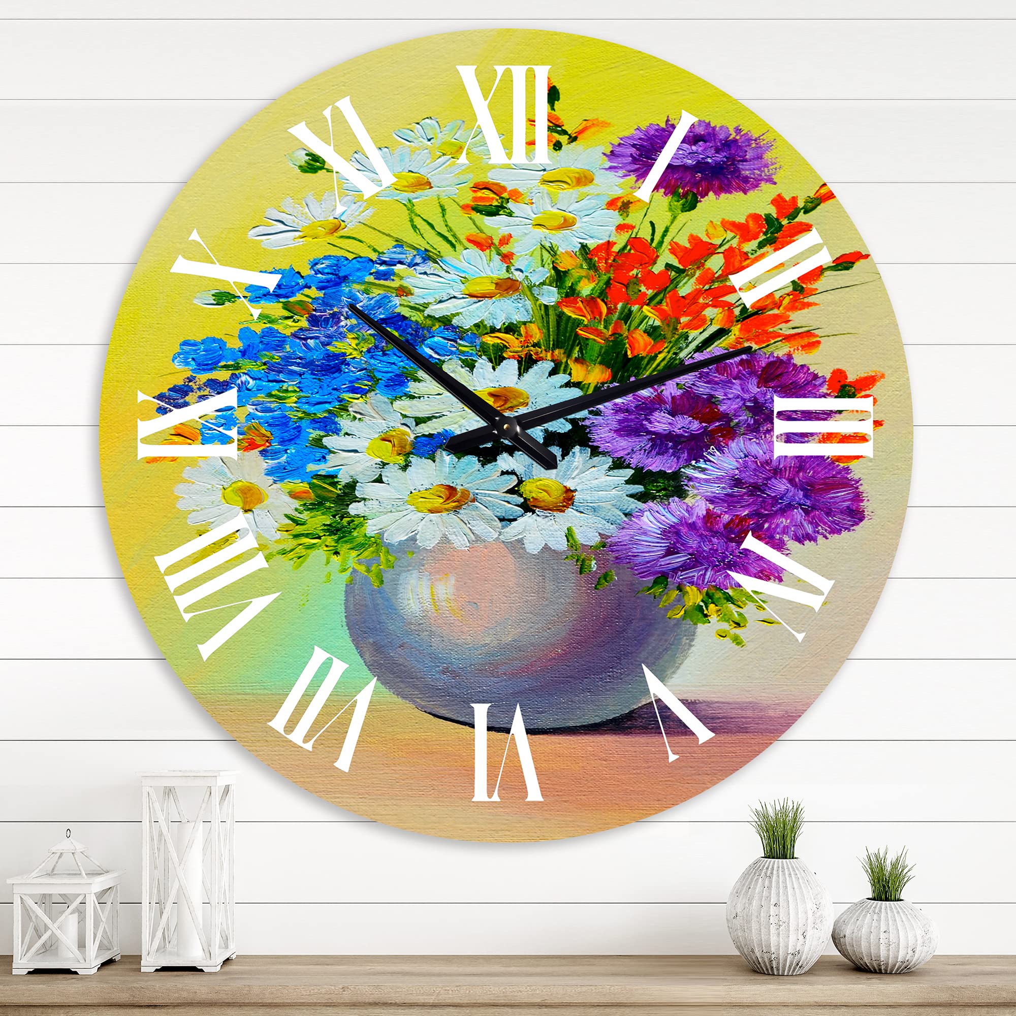 Large Floral Wall Clock - Still Life Bouquet of Blue, Red & White Flowers - Elegant Office Decor for Home & Workspace | Perfect for Living Room, Bedroom & Office Spaces