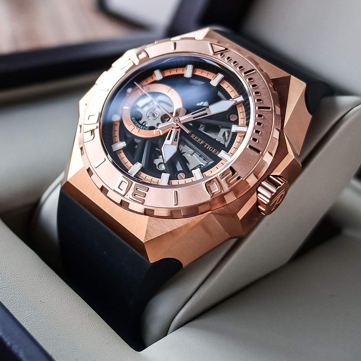 REEF TIGER Men's Skeleton Automatic Diving Watch - Military Style Mechanical Watch with Leather Strap RGA6903-S - Perfect for Scuba Diving, Outdoor Adventures & Formal Occasions