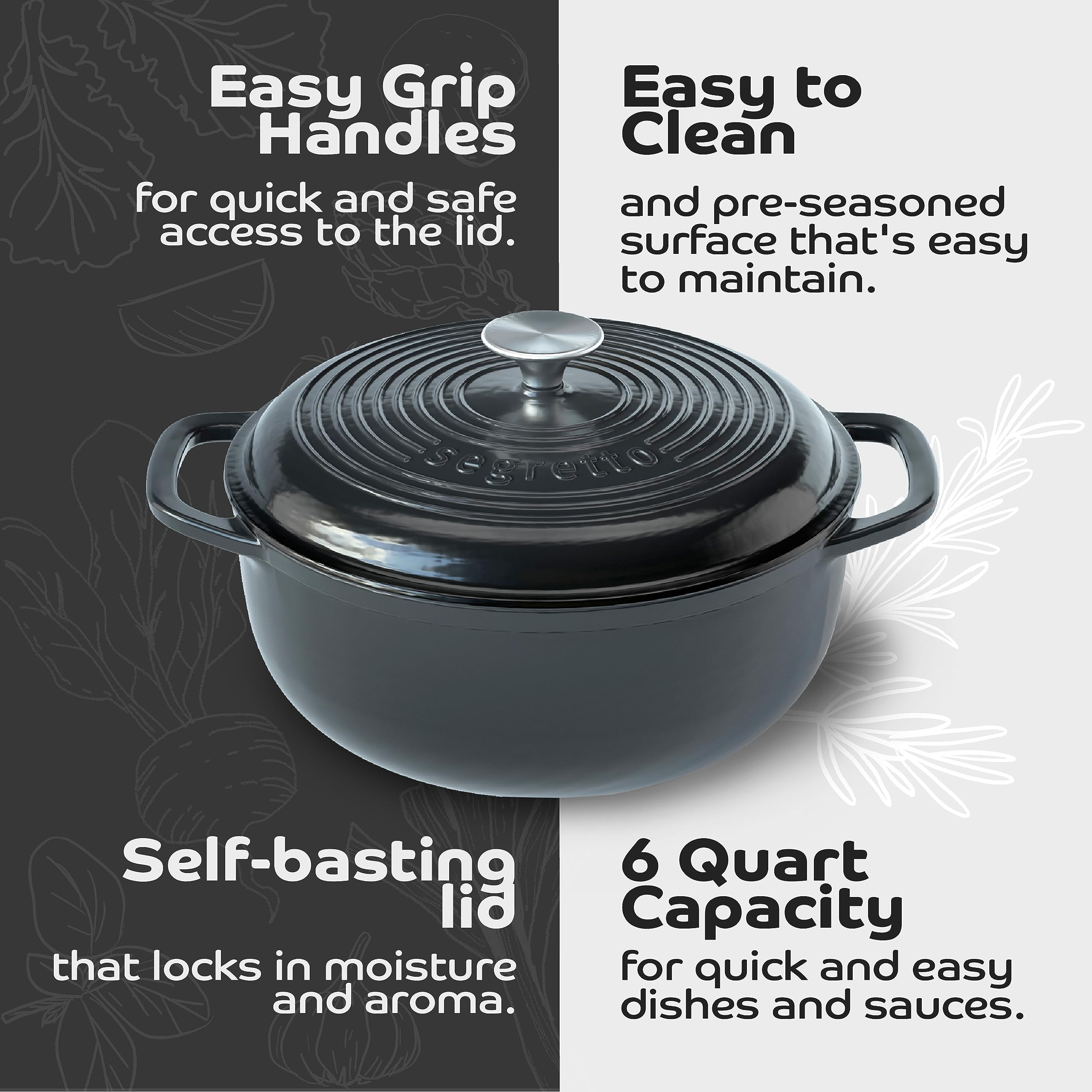 Premium 6-Quart Enameled Cast Iron Dutch Oven - Black - Perfect for Braising, Stewing, Baking & Slow Cooking - Ideal for Soups, Breads & One-Pot Meals