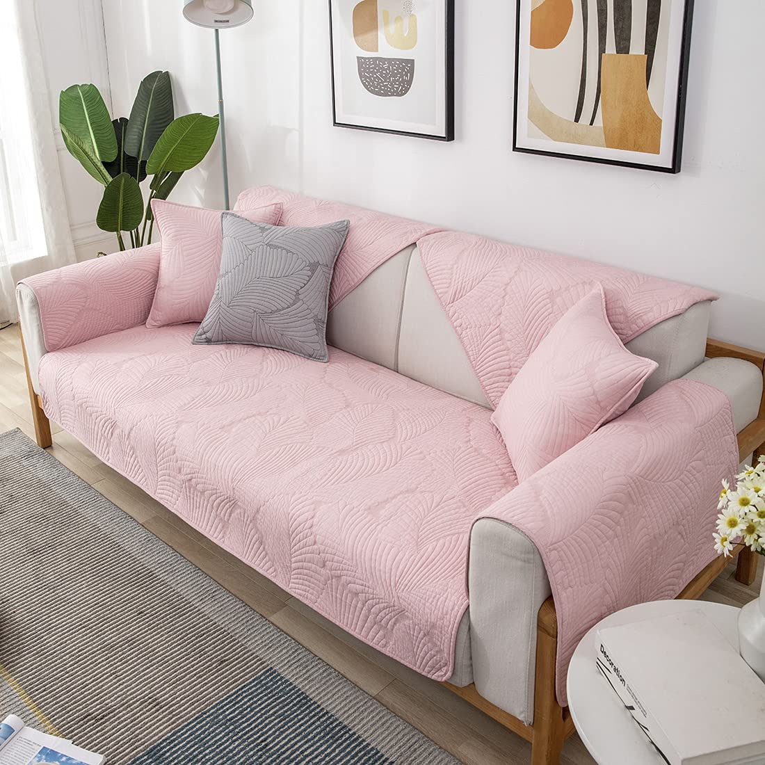 VCTOPS Palm Leaf Cotton Sofa Cover - Non-Slip Sectional Couch Slipcover with Embroidery for Pets, L-Shaped Sofa, Recliner & Love Seat (Pink, 36