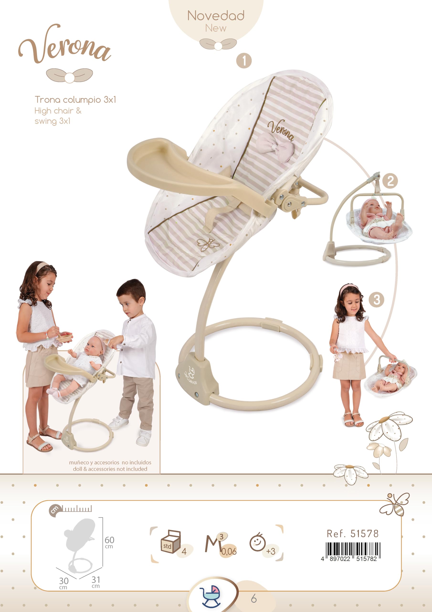 DE CUEVAS TOYS 51578 High Chair for Babies - Beige and White Wooden Feeding Chair with Adjustable Height | Perfect for Dining, Weaning & Playtime