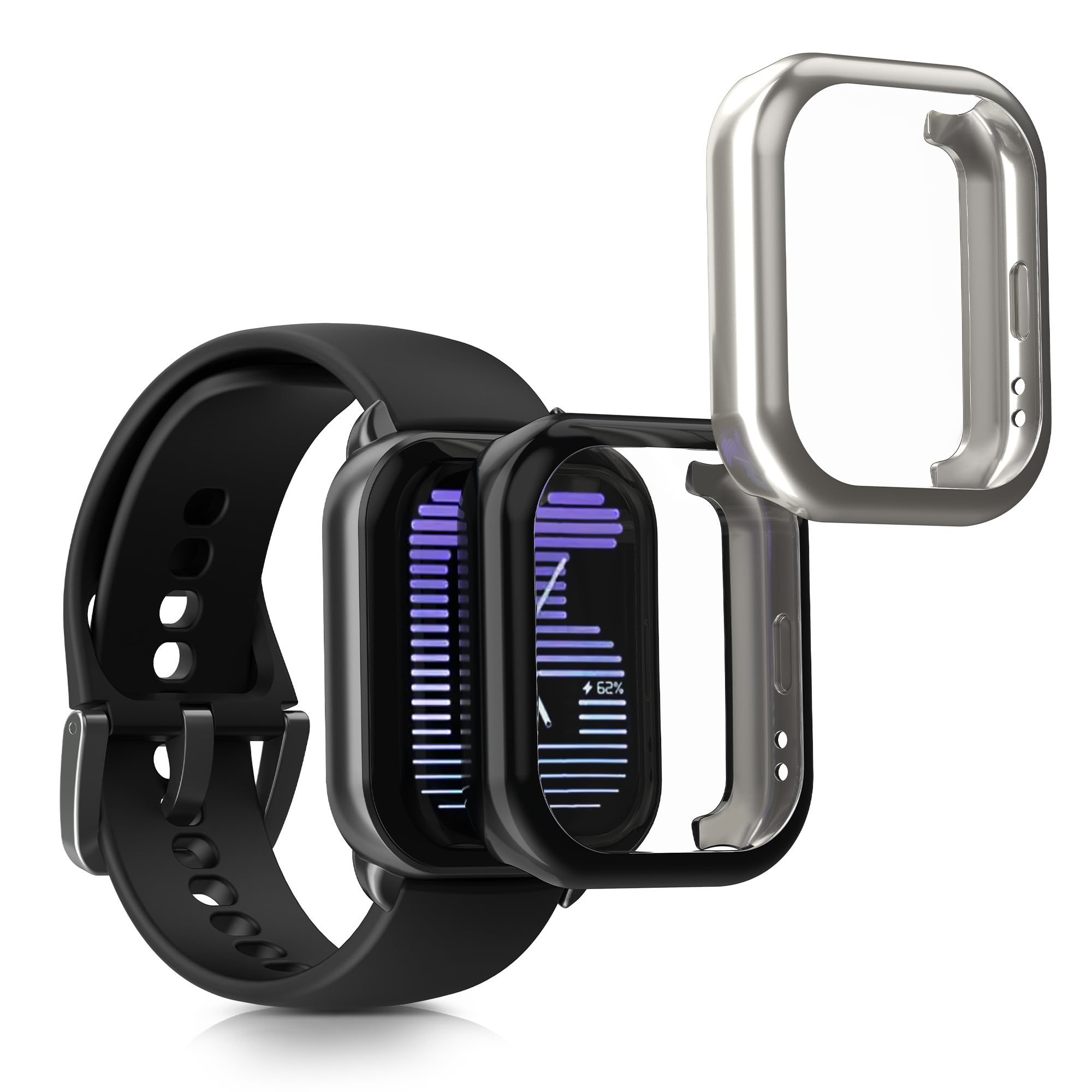 kwmobile Silicone Screen Frame Case for Amazfit Active (A2211) - 2 Pack Protective Cover for Fitness Tracker - Black & Silver - Perfect for Gym, Running & Outdoor Activities