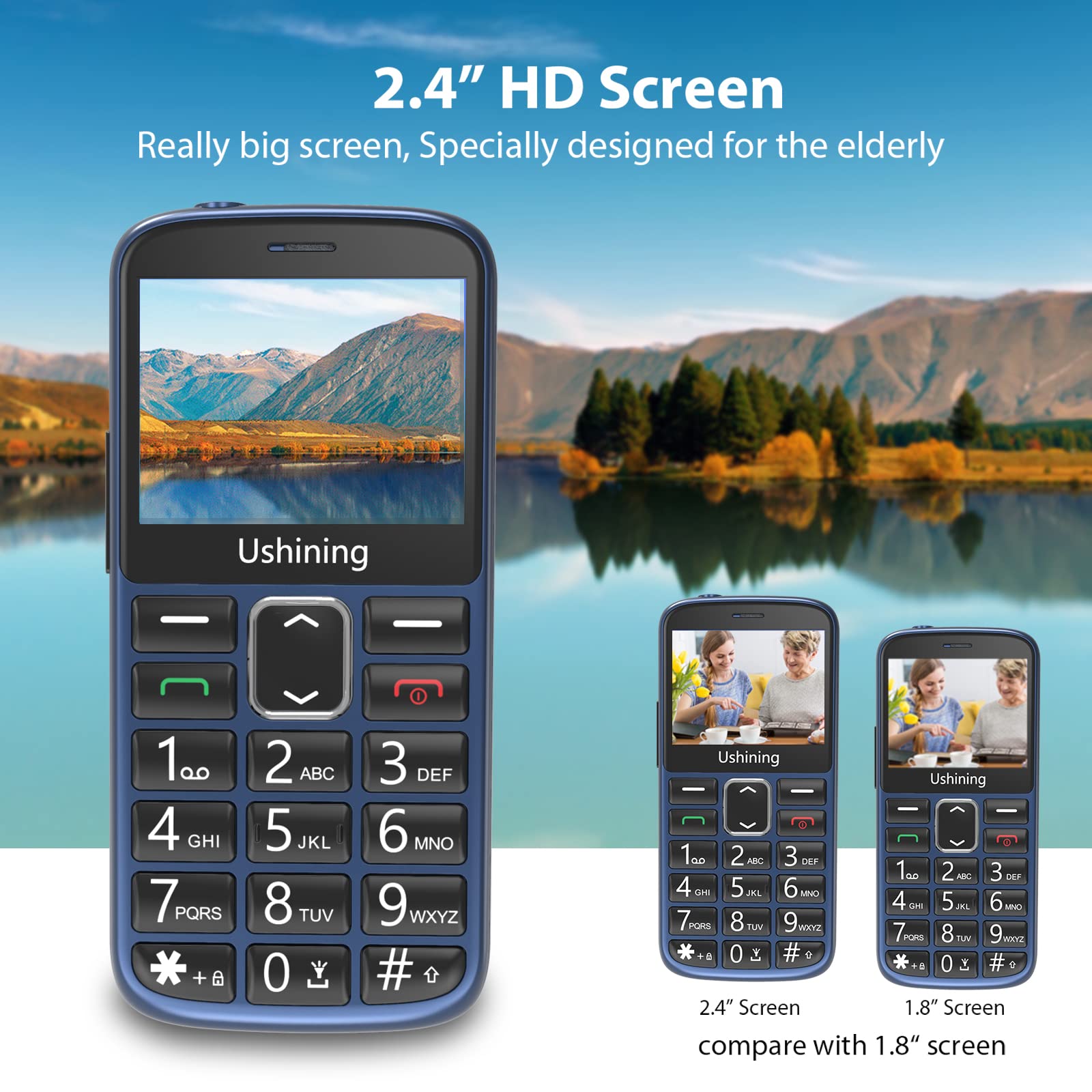USHINING GSM Unlocked Senior Cell Phone with Large 2.4 Inch Screen, Big Buttons & SOS Emergency Button - Easy to Use Mobile Phone for Elderly (Blue) - Perfect for Home, Travel & Emergency Situations