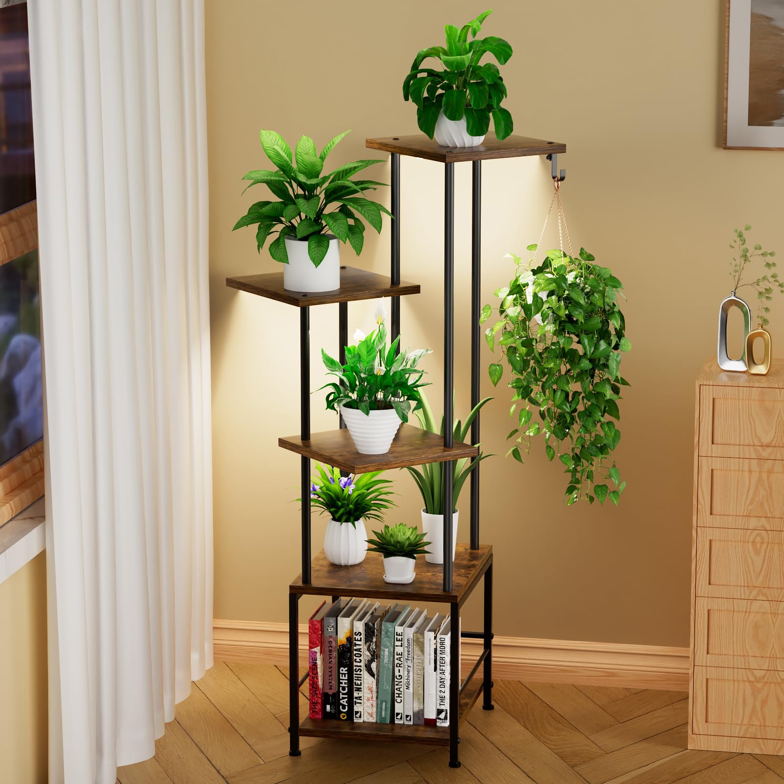 5-Tier Metal Plant Stand with Adjustable Grow Light & Hanging Hooks - Indoor Plant Shelf for Living Room, Garden, Patio - Perfect for Small Spaces & Plant Lovers (Brown/Black)