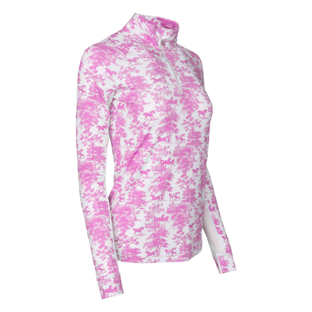 Dapplebay Equestrian 1/4 Zip Lightweight Riding Shirt - Long Sleeve Rose & White Equestrian Top for Women - Perfect for Horseback Riding, Training & Outdoor Activities