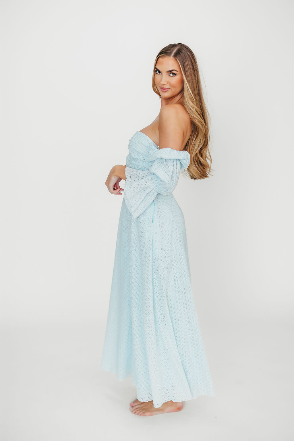 Corrine Tiered Sleeve Maxi Dress with Pockets - Baby Blue Maternity Dress for Pregnancy | Bump Friendly, Comfortable & Stylish for Baby Showers, Beach Vacations & Summer Weddings