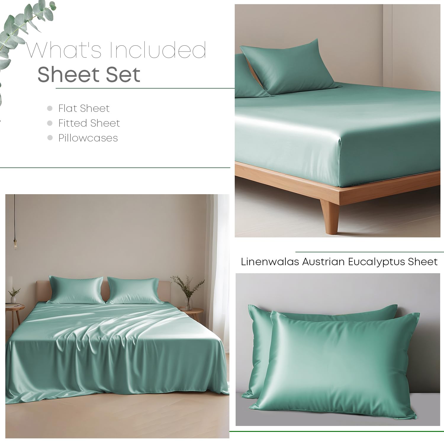 Premium Eucalyptus Tencel Lyocell Sheet Set - Split King Size Cooling Breathable Bedding (2 Fitted, 1 Flat Sheet, 2 Pillowcases) | Ultra Soft & Silky | Aqua Color | Perfect for Hot Sleepers & Luxury Bedrooms