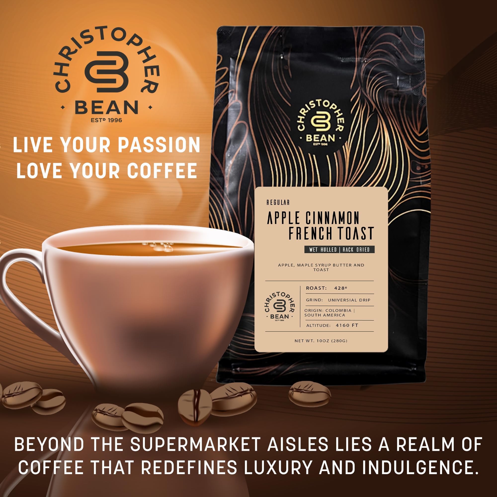 Christopher Regular Ground Universal Drip Apple Cinnamon French Toast Flavored Coffee | 100% Arabica Medium Roast | No Sugar, No Fats, Non-GMO | 10-Ounce Bag | Perfect for Breakfast, After Dinner Relaxation & Office Break