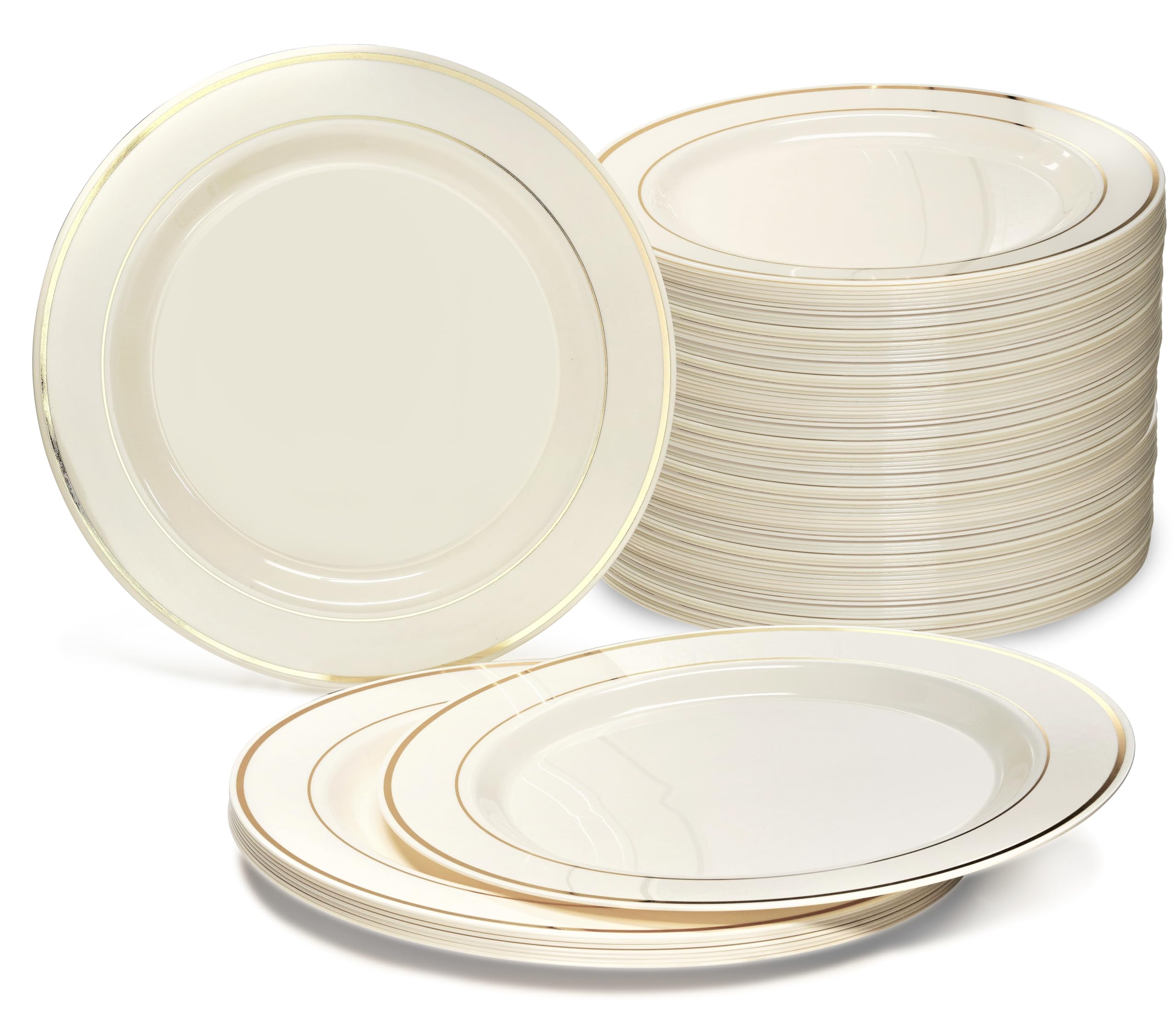 240-Pack Heavyweight Disposable Plastic Plates for Weddings & Parties - 9'' Ivory Luncheon Plates with Gold Rim - Elegant Dinnerware for Bridal Showers, Baby Showers & Special Events