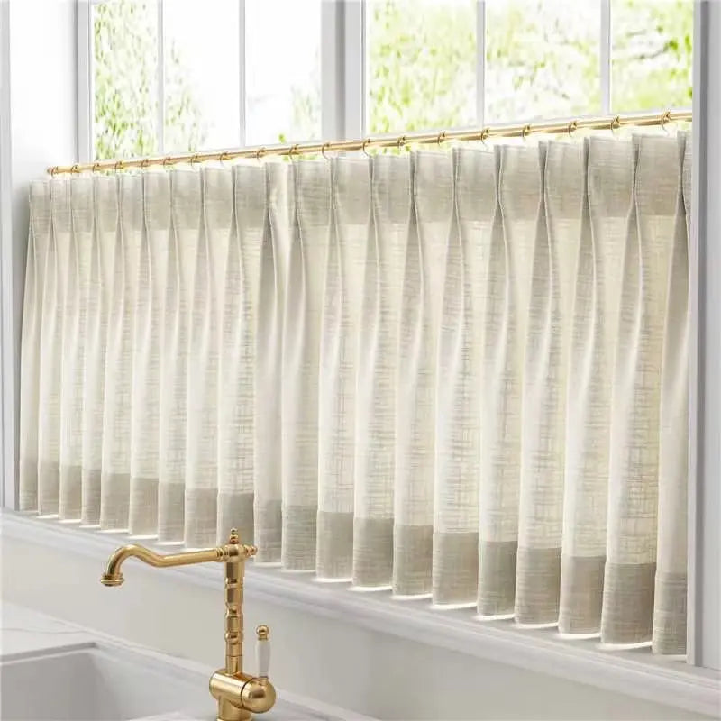 Linen Pleated Cafe Curtains for Kitchen Windows - Elegant Semi-Sheer Window Treatment for Coffee Shops, Restaurants & Home Decor