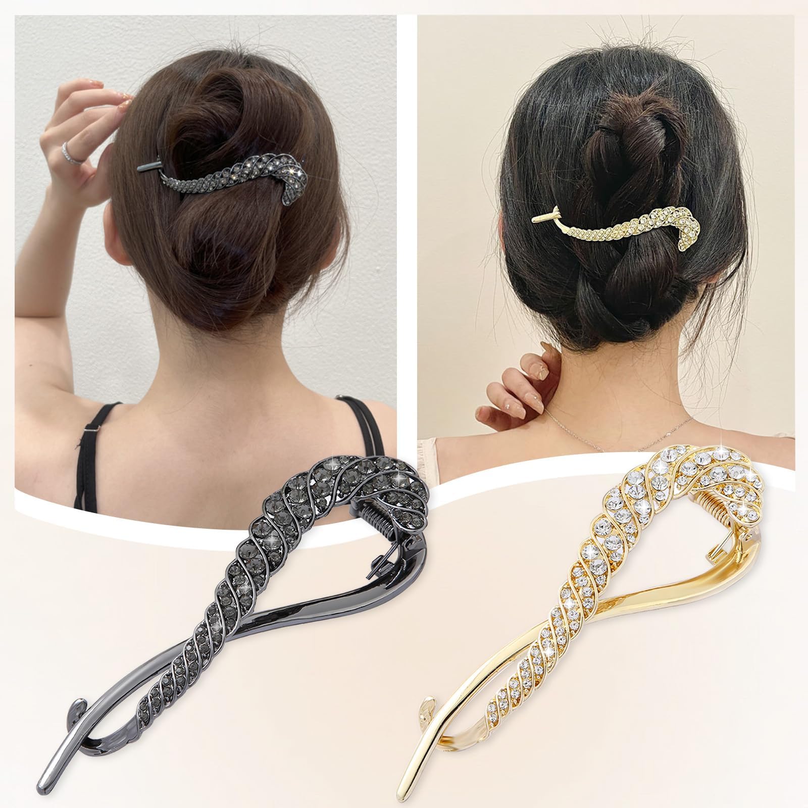 TecoKart® 3 Pack Rhinestone Banana Hair Clips & French Bun Maker Set - Elegant Metal Hair Accessories for Women & Girls with Medium to Thick Hair | Perfect for Weddings, Parties & Everyday Styling