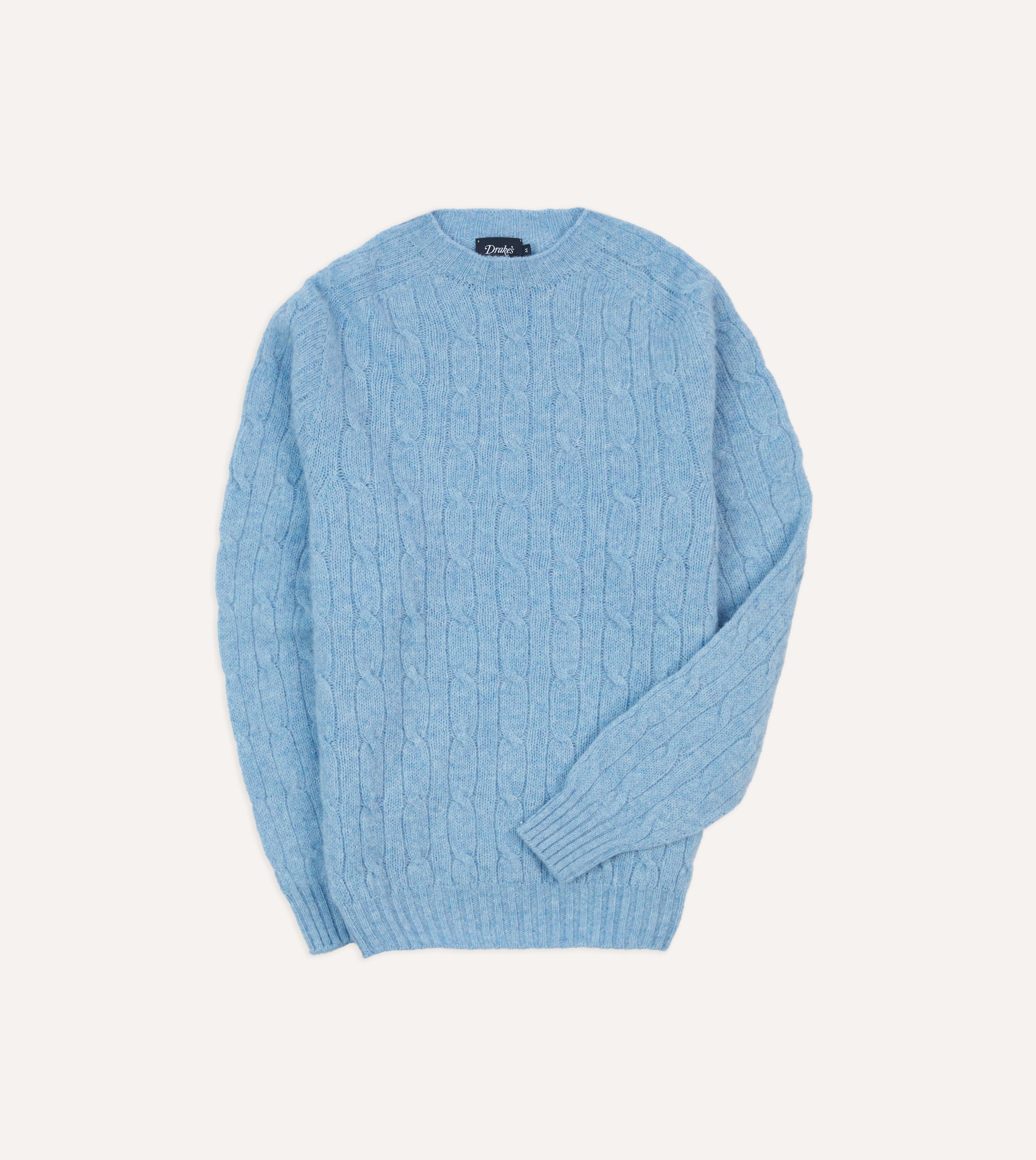 Blue Brushed Shetland Cable Knit Crew Neck Sweater - Cozy Winter Pullover for Women, Perfect for Casual Outfits & Holiday Gatherings