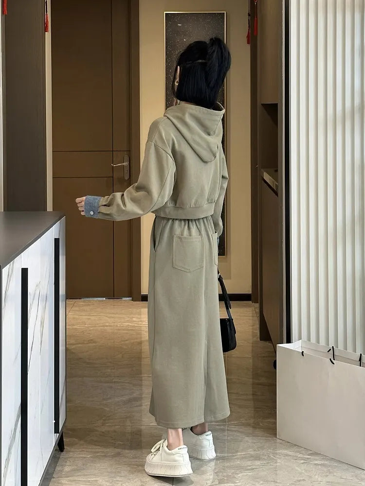 2024 Autumn Korean Fashion 2-Piece Set - Long Sleeve Hooded Sweater & Casual Skirt Matching Outfit | Women's Coordinated Dress Sets for Fall | Perfect for Daily Wear, Office, and Date Nights