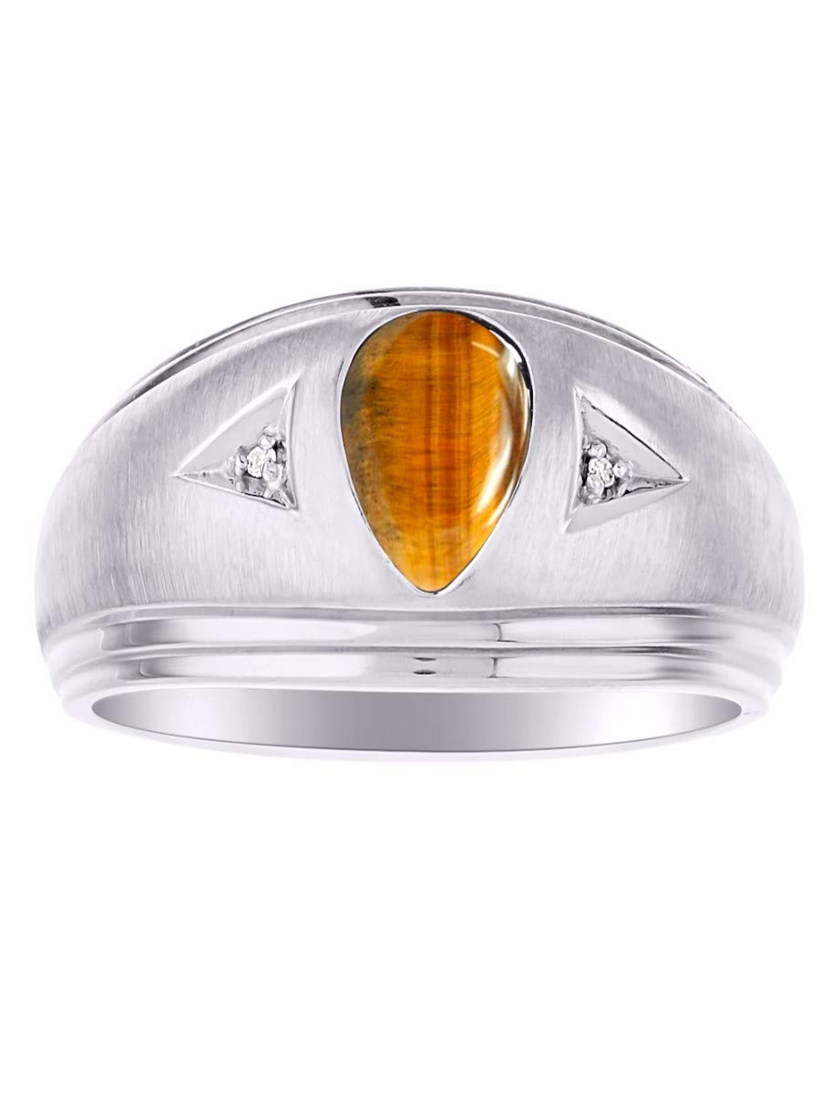 Stylish Sterling Silver Men's Rings with Pear-Shaped Cabochon Gemstone & Diamonds - Tiger Eye Jewelry for Men (Sizes 8-13) - Perfect for Weddings, Anniversaries & Formal Occasions