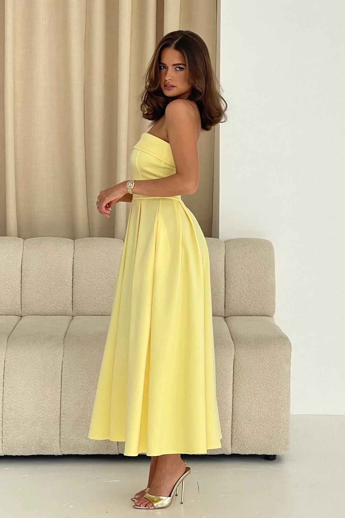 Danni Strapless Bandeau Midi Dress for Women - Yellow Flowy Summer Dress for Beach, Party & Vacation