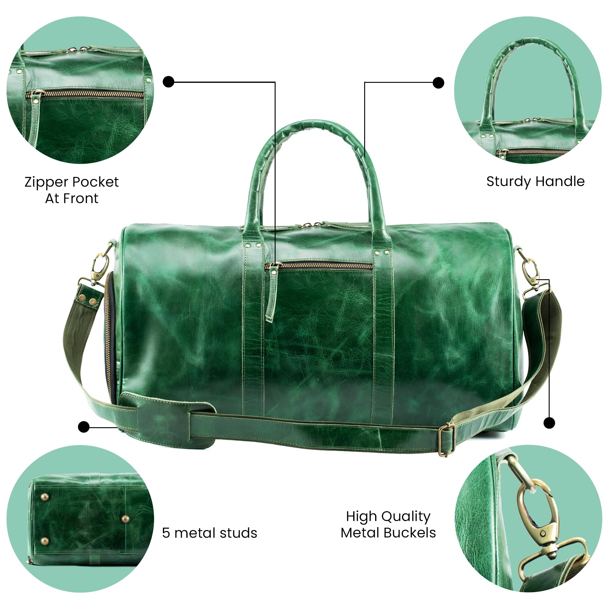 Premium Handmade Full Grain Buffalo Leather Weekender Bag - Durable Travel Duffel for Gym, Sports & Overnight Trips - Spacious Tote with Shoe Compartment - Ideal for Men & Women (Green) - Perfect for Business Travel, Weekend Getaways & Gym Workouts
