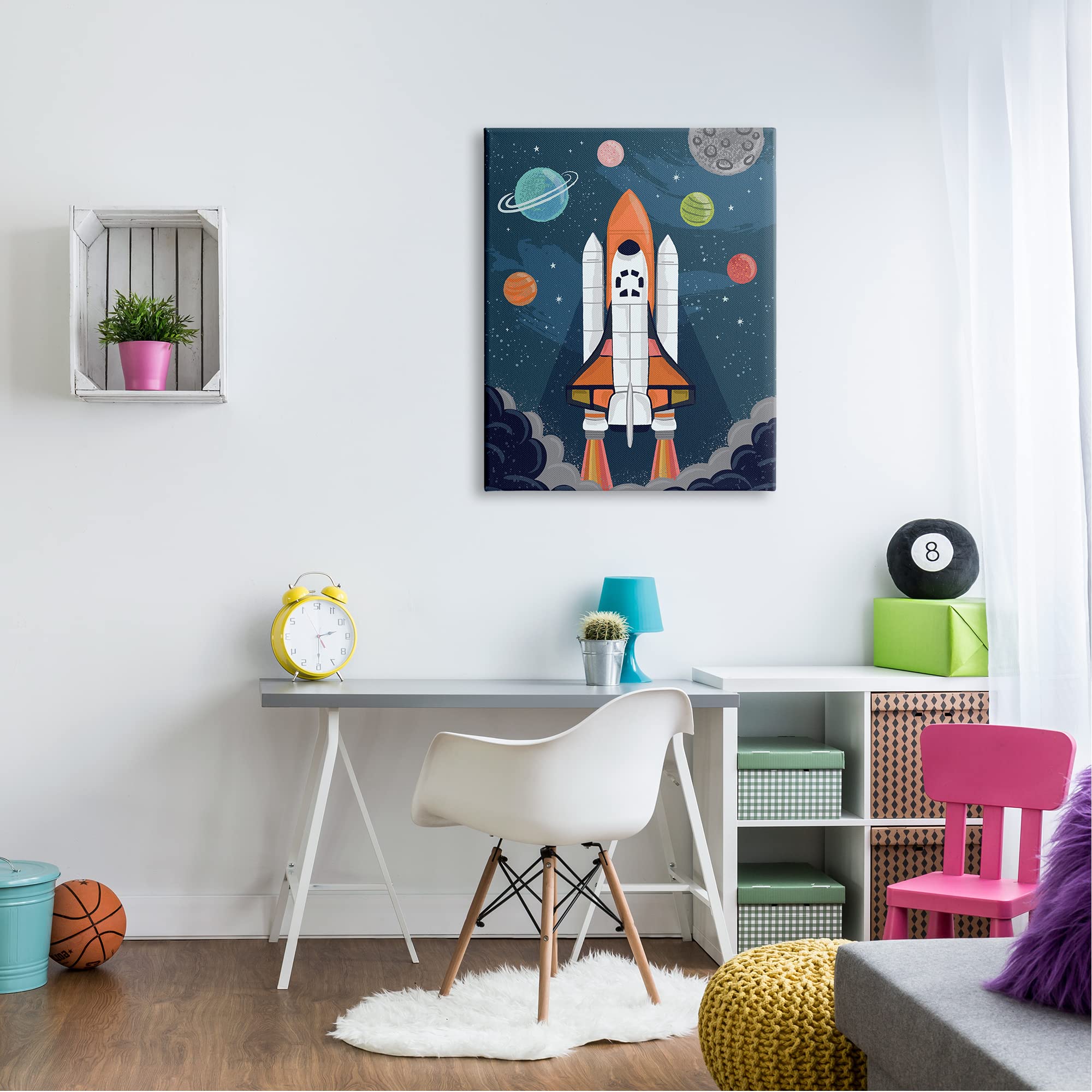 Stupell Industries Rocket Ship Ready for Flight - Outer Space Planets Wall Art by Lisa Perry | Modern Space-Themed Nursery Decor, Kids Room Decor, Playroom Wall Decor for Space Enthusiasts