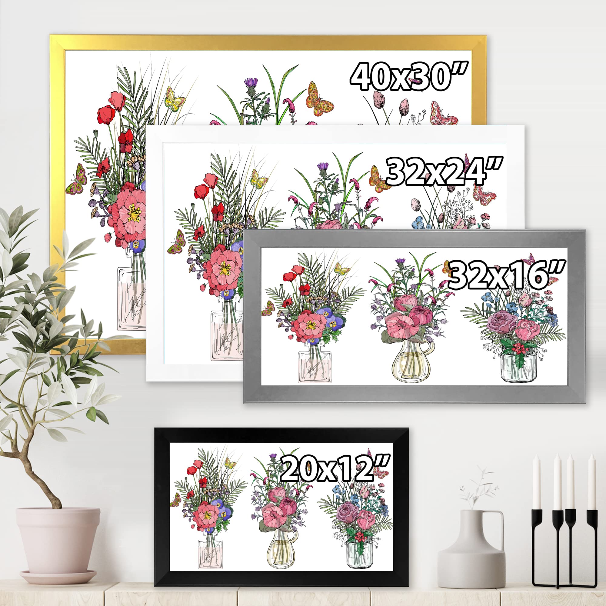 Farmhouse Wildflower Bouquets in Transparent Vases - Rustic Framed Wall Art Decor for Living Room, Bedroom & Kitchen
