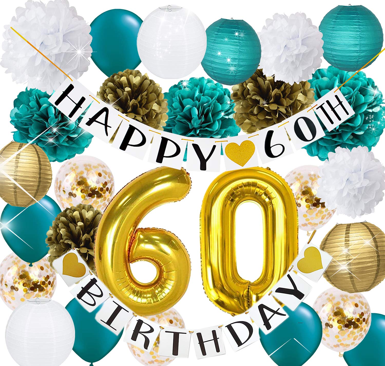 Elegant Teal & Gold 60th Birthday Party Decorations Set - 60 Balloons, Confetti & Happy Birthday Banner - Perfect for Women's Milestone Celebration & Anniversary Party Supplies | Great for Home Decor, Surprise Parties & Photo Backdrops