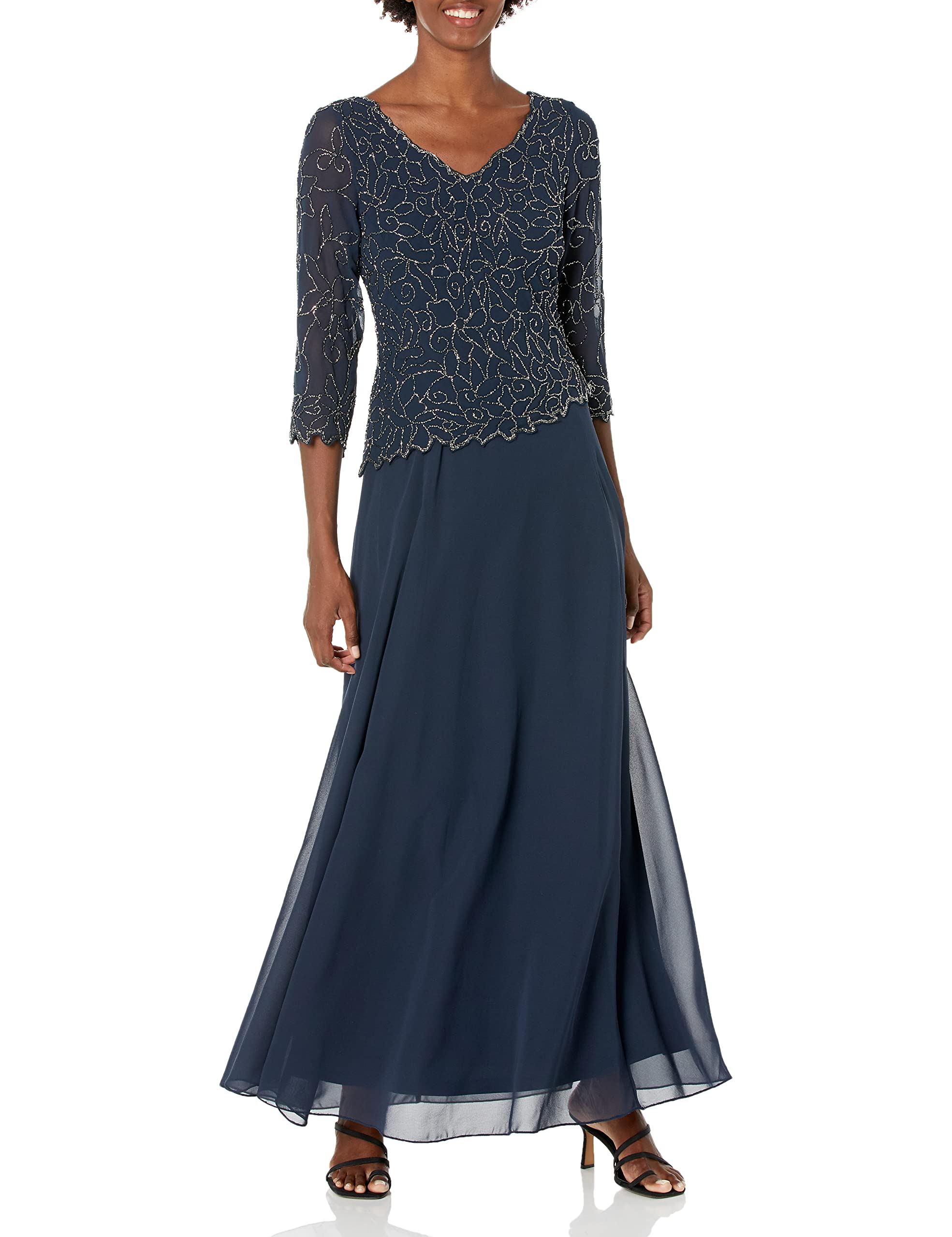 J Kara Women's V-Neck 3/4 Sleeve Long Dress - Elegant Flowy Maxi Dress for Casual Wear, Summer Outfits & Special Occasions
