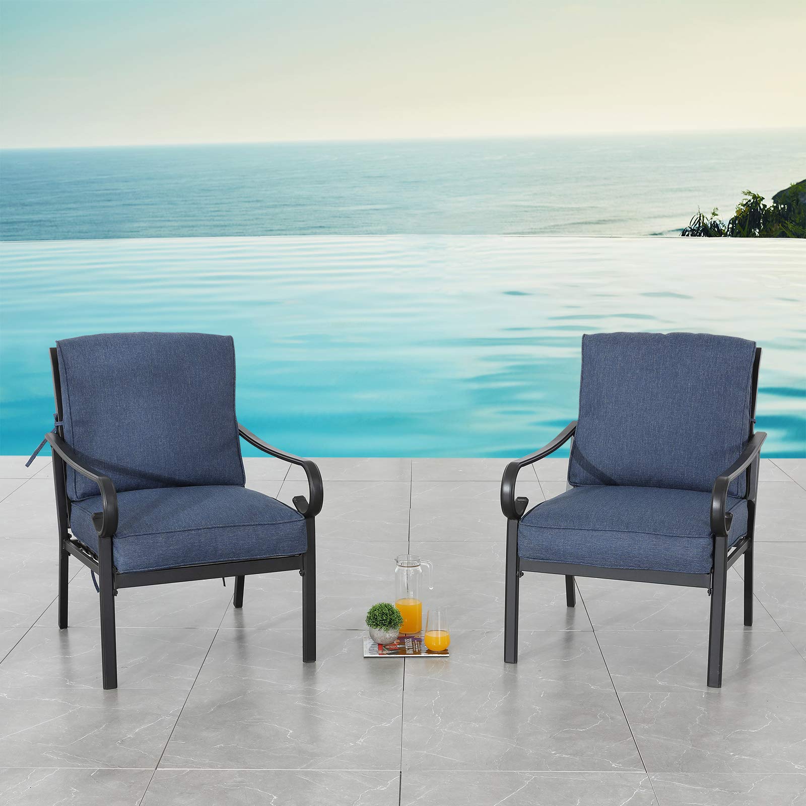 2-Piece Outdoor Patio Dining Set - All-Weather Black Metal Bistro Chairs with Blue Cushions for Deck, Garden & Backyard | Perfect for Outdoor Entertaining & Relaxation