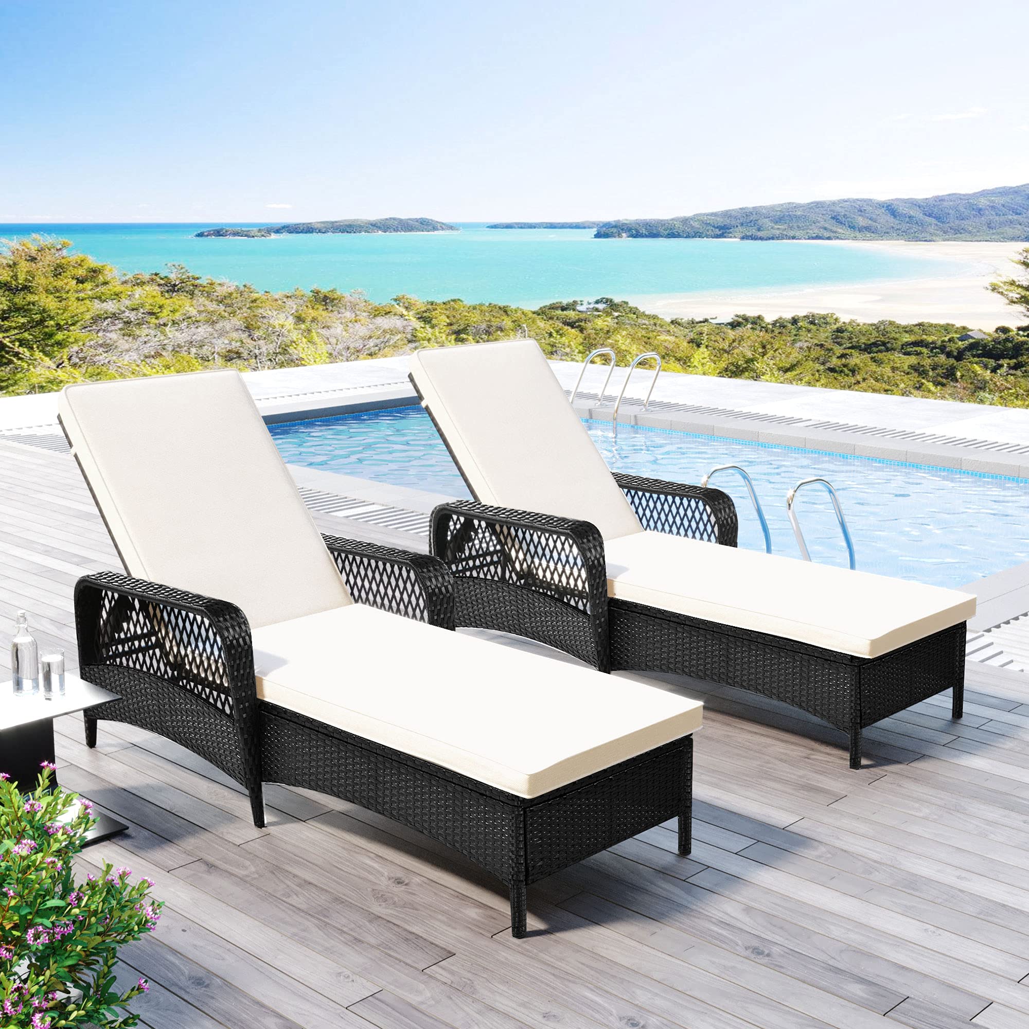 2-Piece Adjustable PE Rattan Wicker Pool Chaise Lounge Set with Cushion - Waterproof Outdoor Reclining Sun Lounger for Beach, Poolside, Patio, Backyard & Garden Relaxation (2 Sets) - Perfect for Summer Sunbathing, Vacation Resorts & Coastal Living