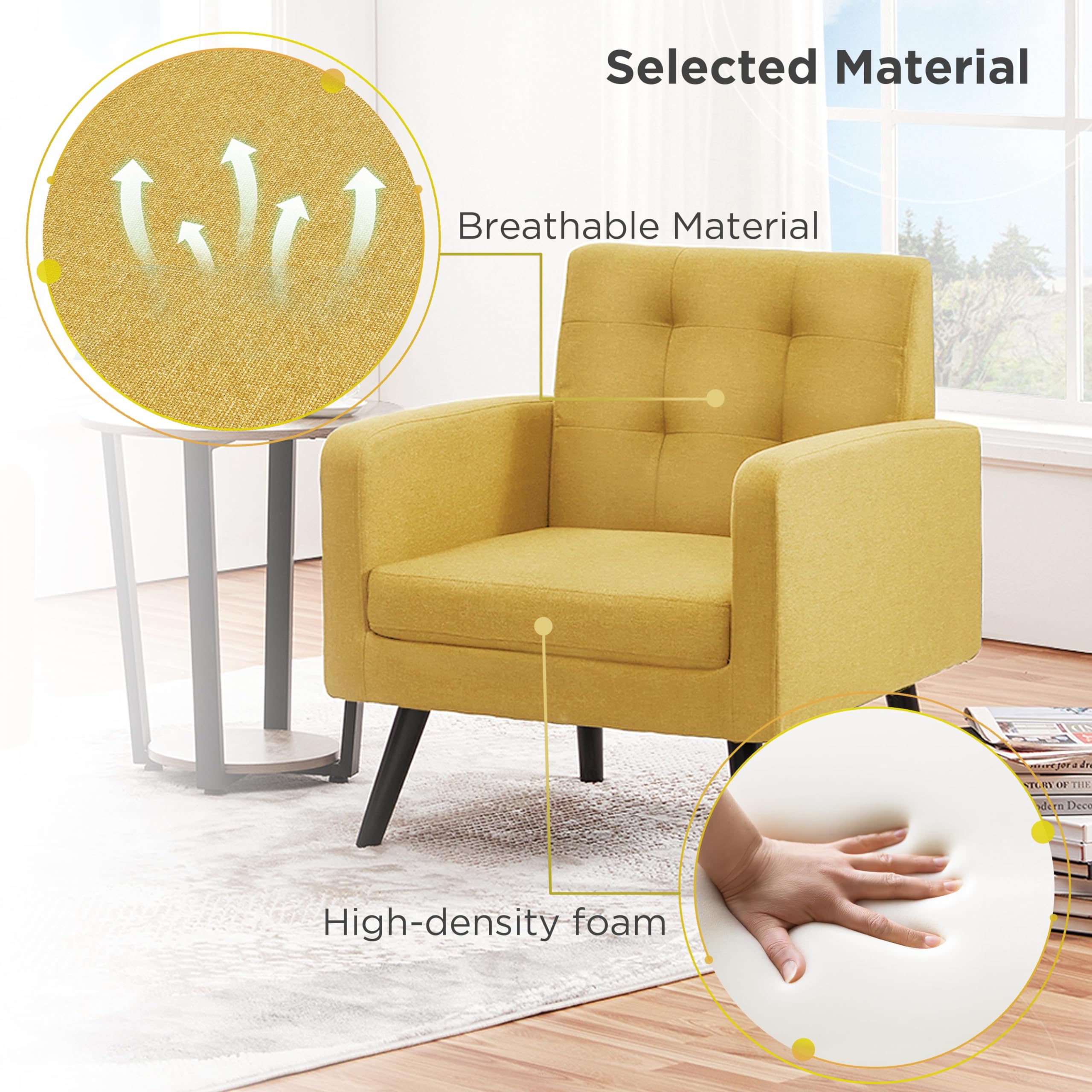 Yaheetech Mid-Century Modern Accent Chairs Set of 2 - Upholstered Living Room Armchairs with Button Tufted Back & Wooden Legs, Yellow - Perfect for Bedroom, Office, Cafe & Lounge Decor