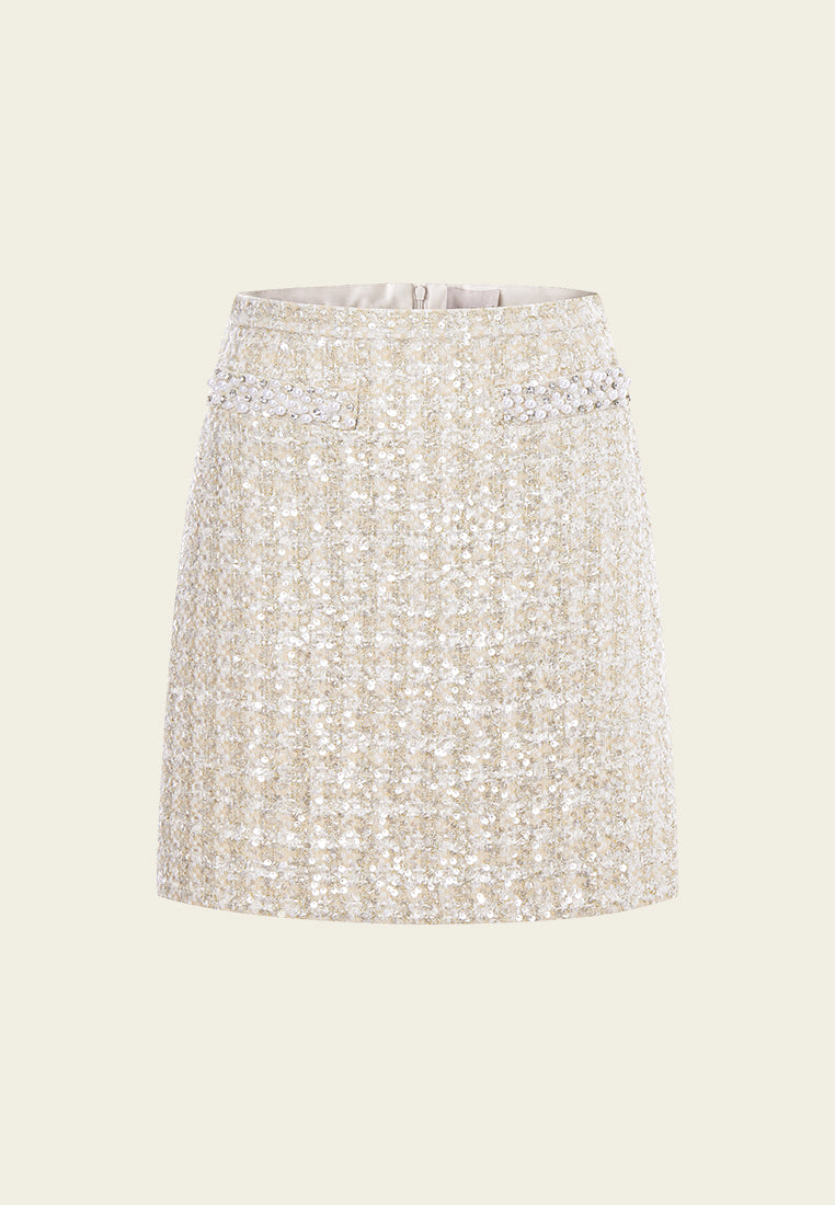 Elegant Embellished Midi Tweed Skirt for Women - Vintage-Inspired High Waist Pencil Skirt - Perfect for Office, Cocktail Parties & Fall Fashion