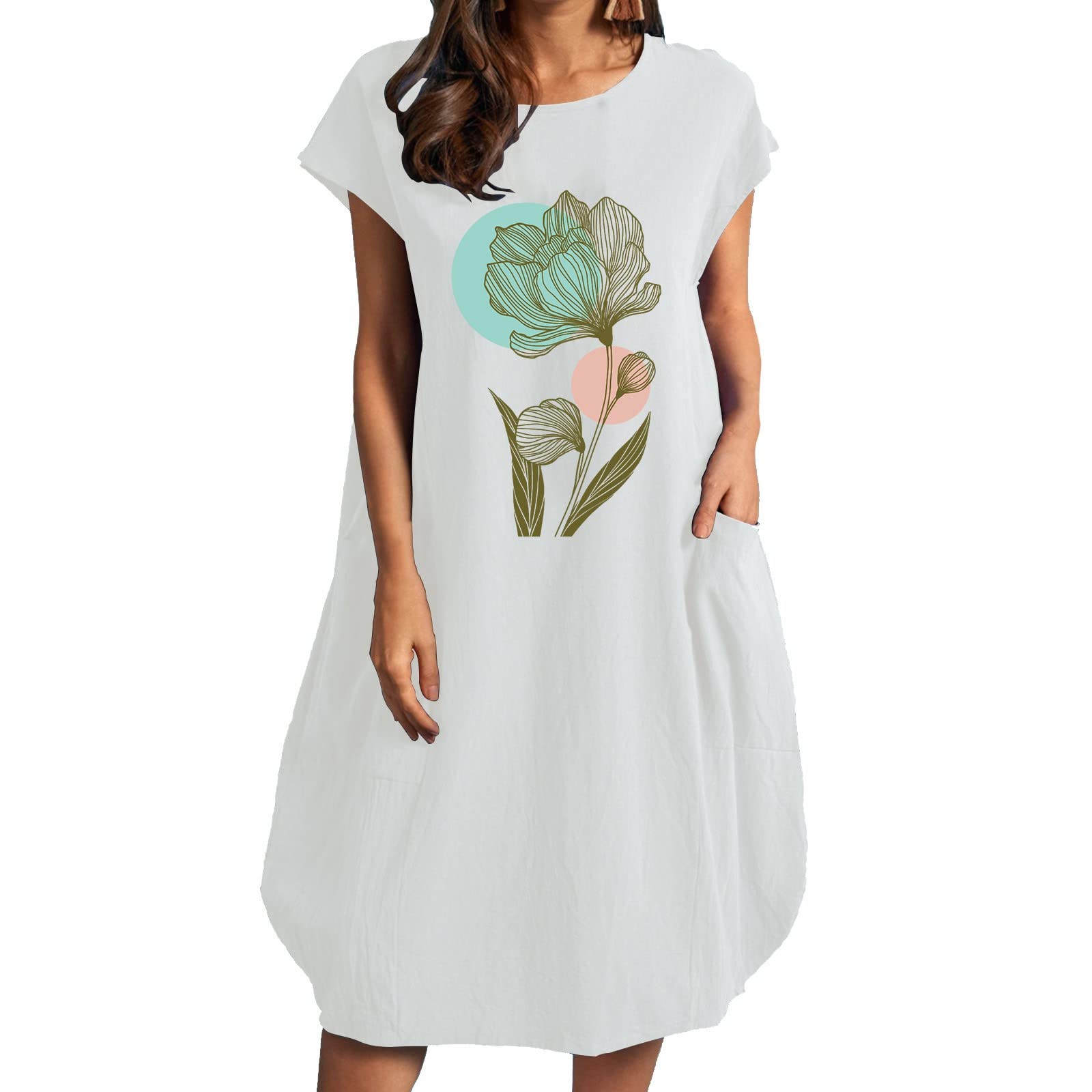 Women's Floral Printed Beach Dress - Loose Fit Short Sleeve Summer Dress with Round Neck | Perfect for Vacations, Pool Parties & Tropical Getaways