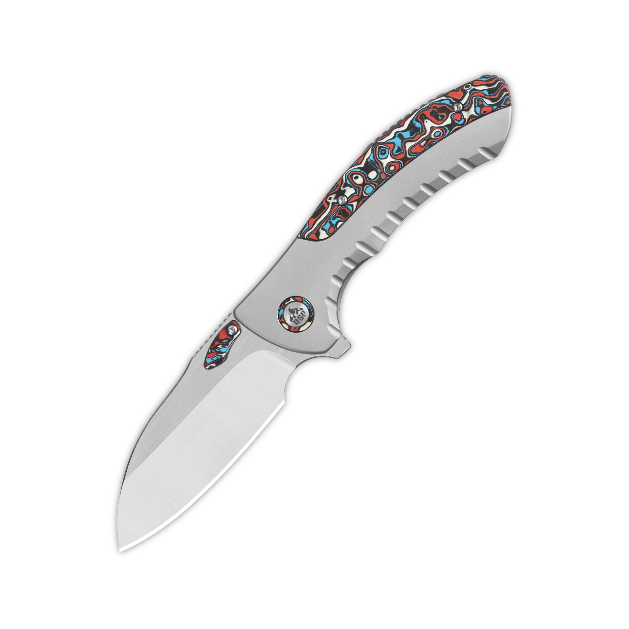 QSP Capybara Frame Lock Pocket Knife - Böhler M390 Steel Blade, Titanium Handle with Red/Blue Camo Carbon Fiber Inlay - EDC, Outdoor, Camping & Survival Knife