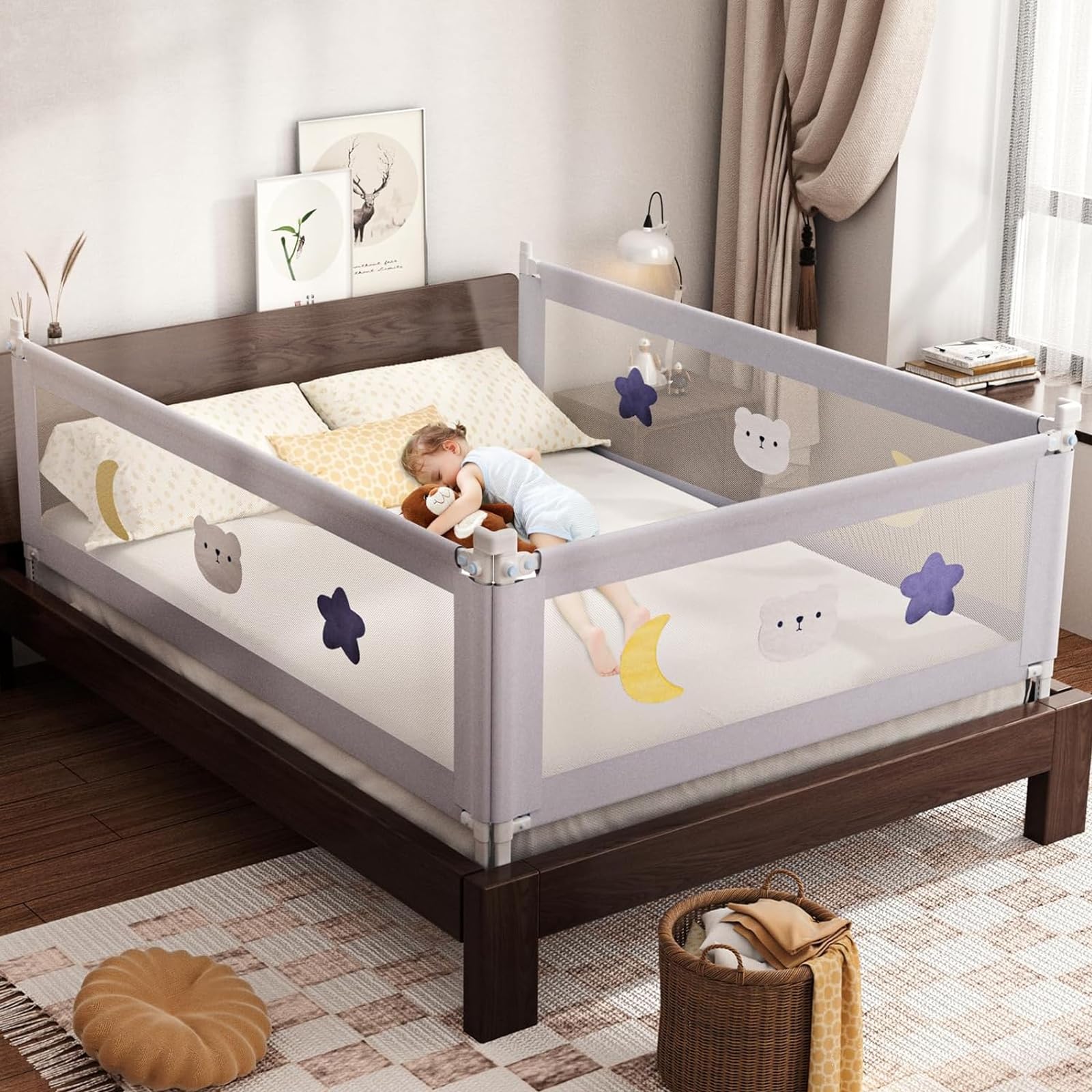 1*Baby Bed Rail with Double Child Lock - Adjustable Toddler Safety Guardrail for Queen Size Bed - Non-Slip Kids Bed Rail with Cute Patterns - Perfect for Nursery, Daycare & Home Use