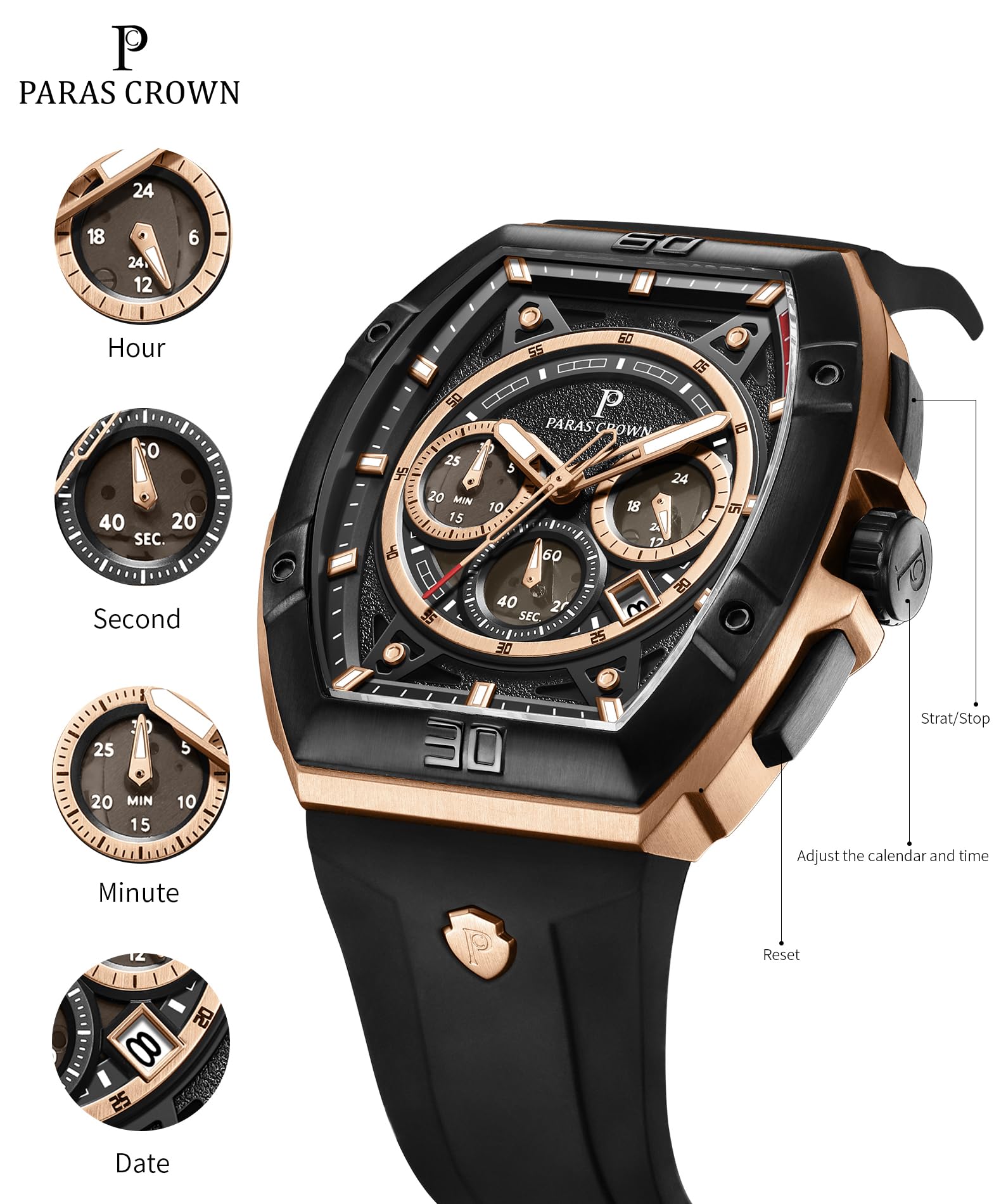 Luxury Men's Paras Crown Tonneau Chronograph Watch - 5ATM Waterproof Stainless Steel Analog Quartz Wristwatch for Business, Casual & Formal Occasions