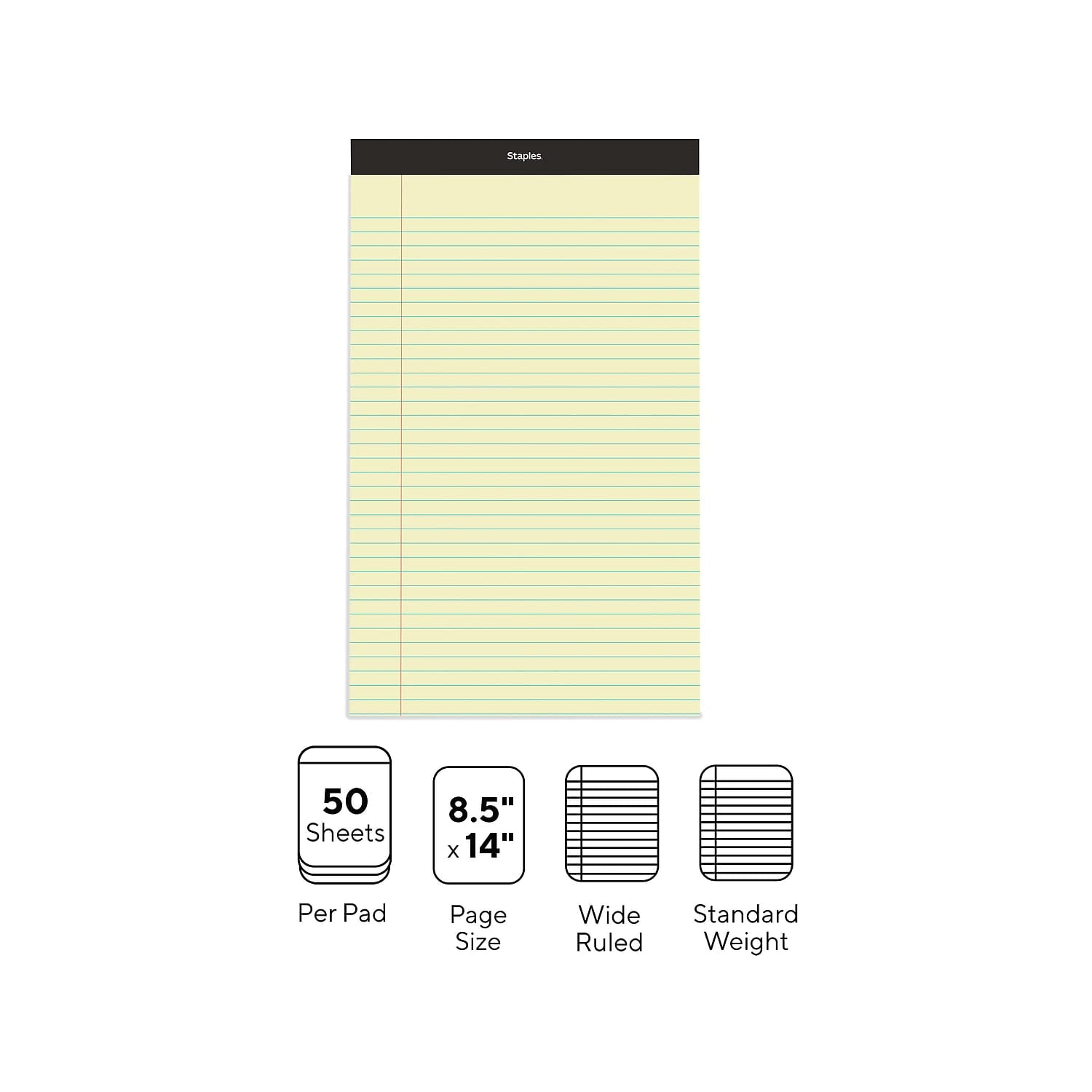 Staples Perforated Notepads - Wide Ruled Canary Yellow Legal Size (8.5