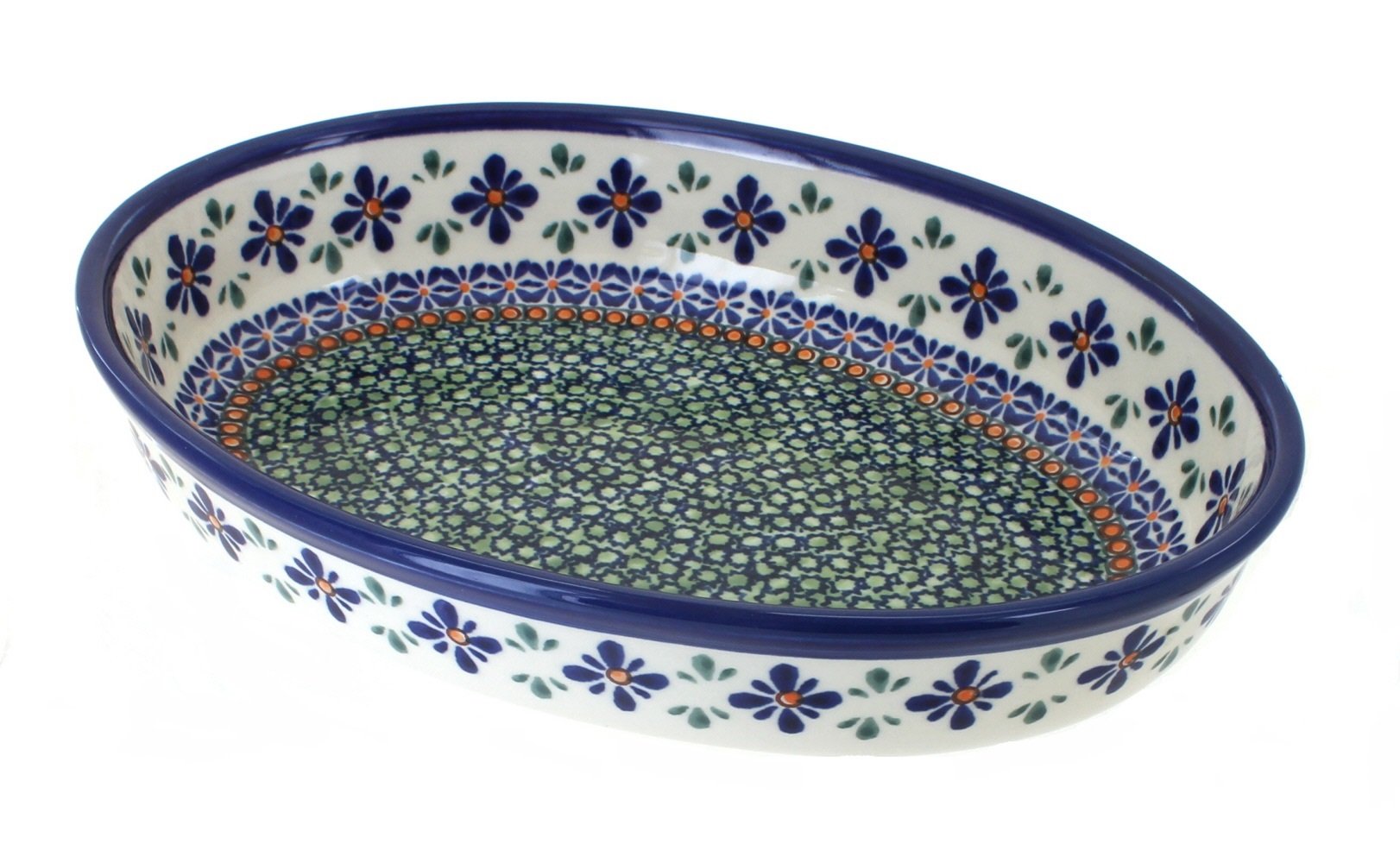 Handmade Blue Rose Polish Pottery Mosaic Flower Small Oval Baker - Vintage Ceramic Baking Dish for Casseroles, Bread & Desserts | Perfect for Holiday Baking, Dinner Parties & Gift Giving