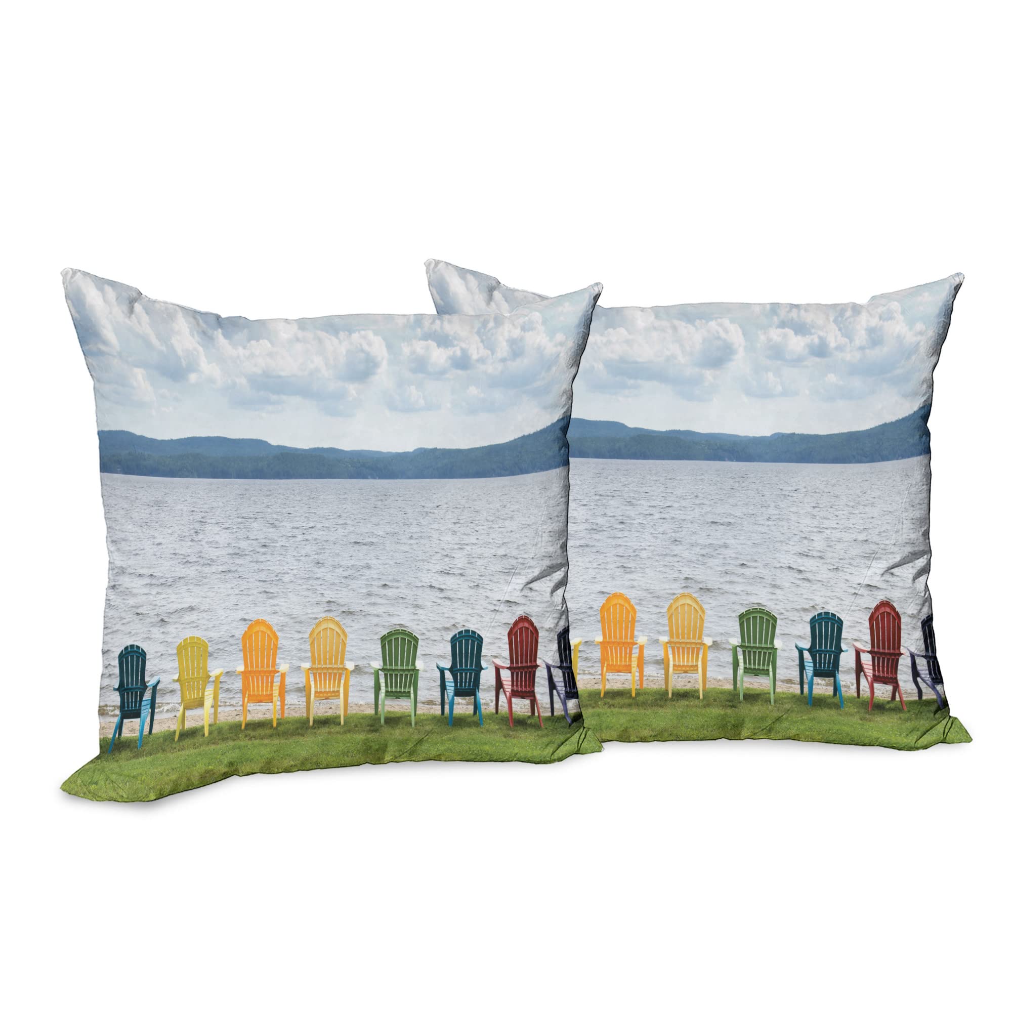 Lunarable Adirondack Decorative Throw Pillow Covers Pack of 2 - 18 Inch Blue Green Lake View Design with Colorful Chairs - Perfect for Couch, Bedroom, Living Room & Outdoor Patio Decor