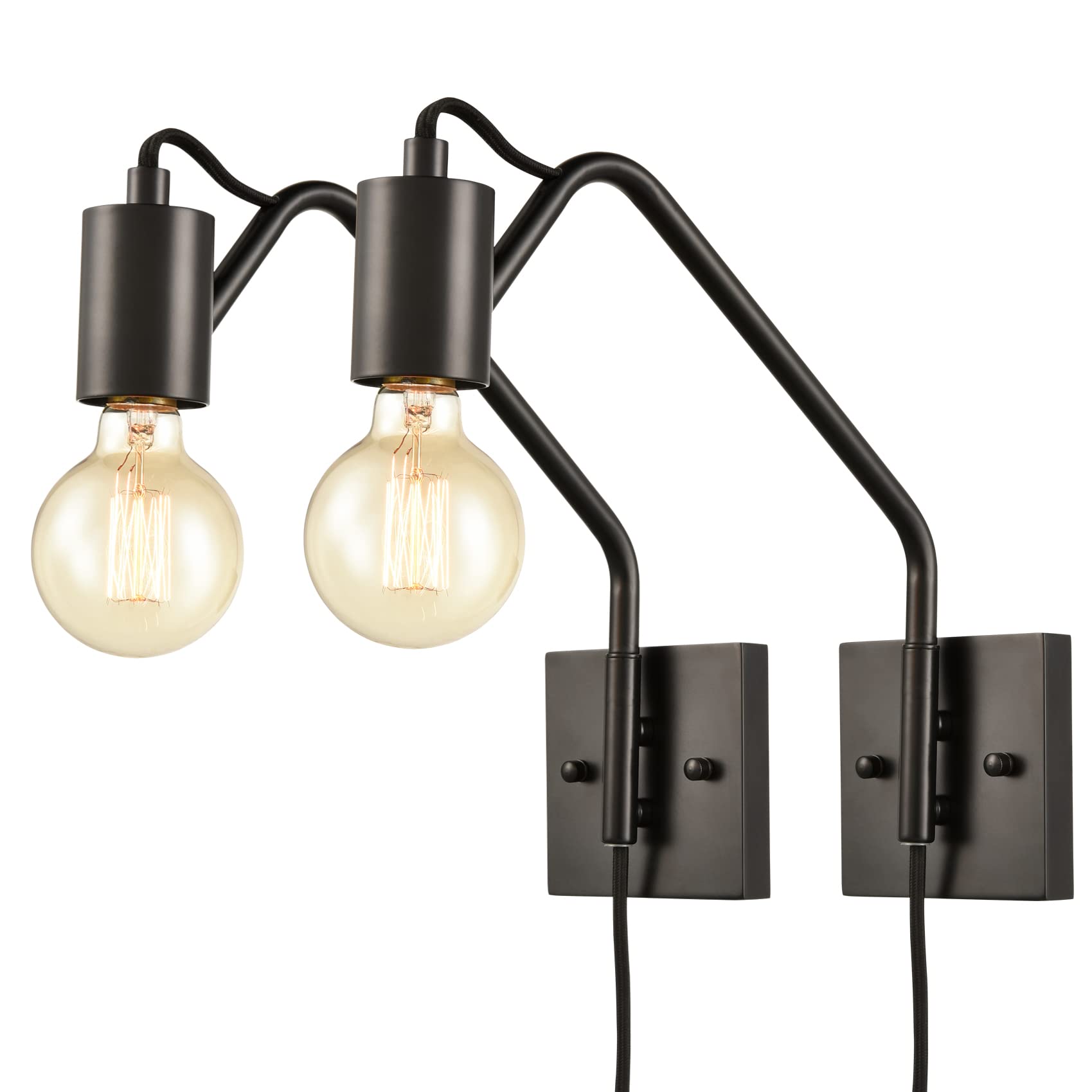 DAYCENT Farmhouse Plug-in Wall Sconces Set of 2 - Black Swing Arm Wall Lights with On/Off Switch - Rustic Wall Lighting Fixtures for Bedroom, Living Room, Hallway & Dining Room - Perfect for Reading Nook and Cozy Home Decor