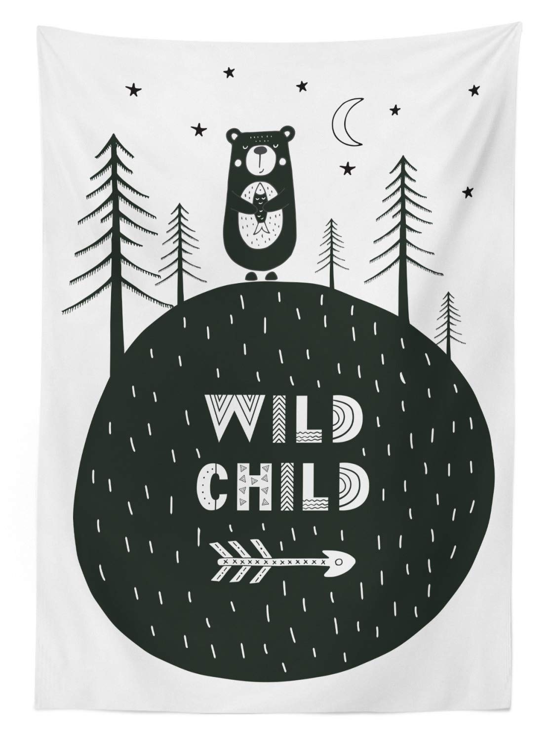 Ambesonne Grey and White Outdoor Tablecloth – Hand-Painted Bear Holding Fish in Forest Design, Waterproof Washable Picnic Table Cover 58x120 Inches – Perfect for BBQs, Camping & Garden Parties (White/Charcoal Grey)