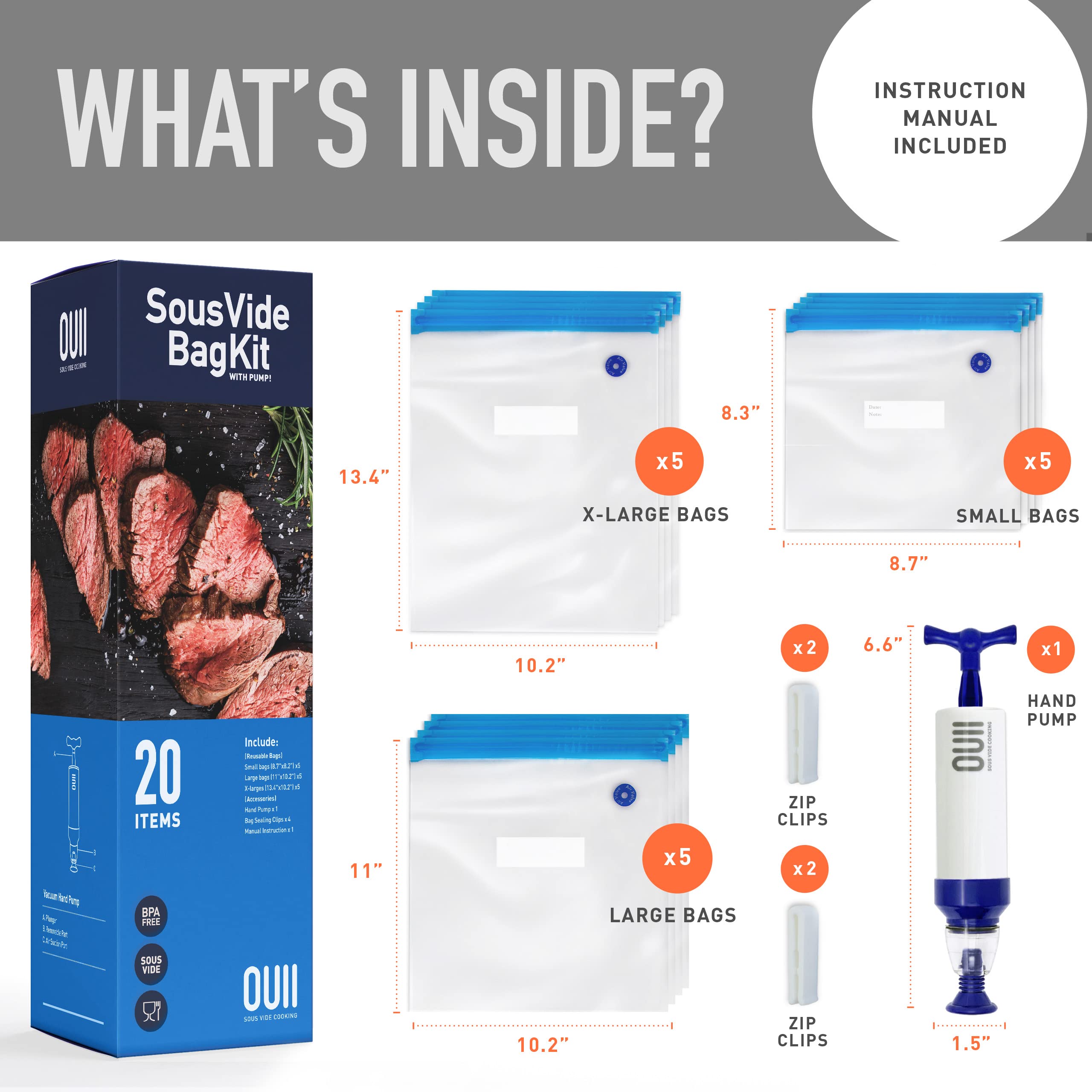 Premium Sous Vide Bags Kit - 20 Pcs Vacuum Sealer Bags with Hand Pump & Clips for Joule, Anova & All Sous Vide Cookers (3 Sizes) | Perfect for Food Storage, Meal Prep & Restaurant Use