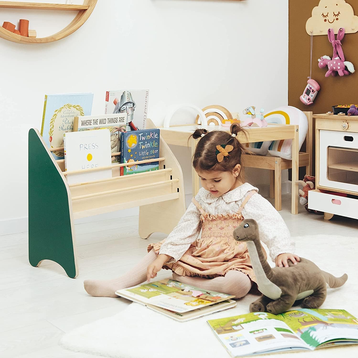 Montessori Kids Bookshelf - Wooden Bookcase for Toddlers & Children | Natural Wood Storage Shelf for Playroom, Nursery & Bedroom | Perfect Gift for 2nd & 3rd Birthday (Small, Green) - Organize Storybooks, Toys & Learning Materials